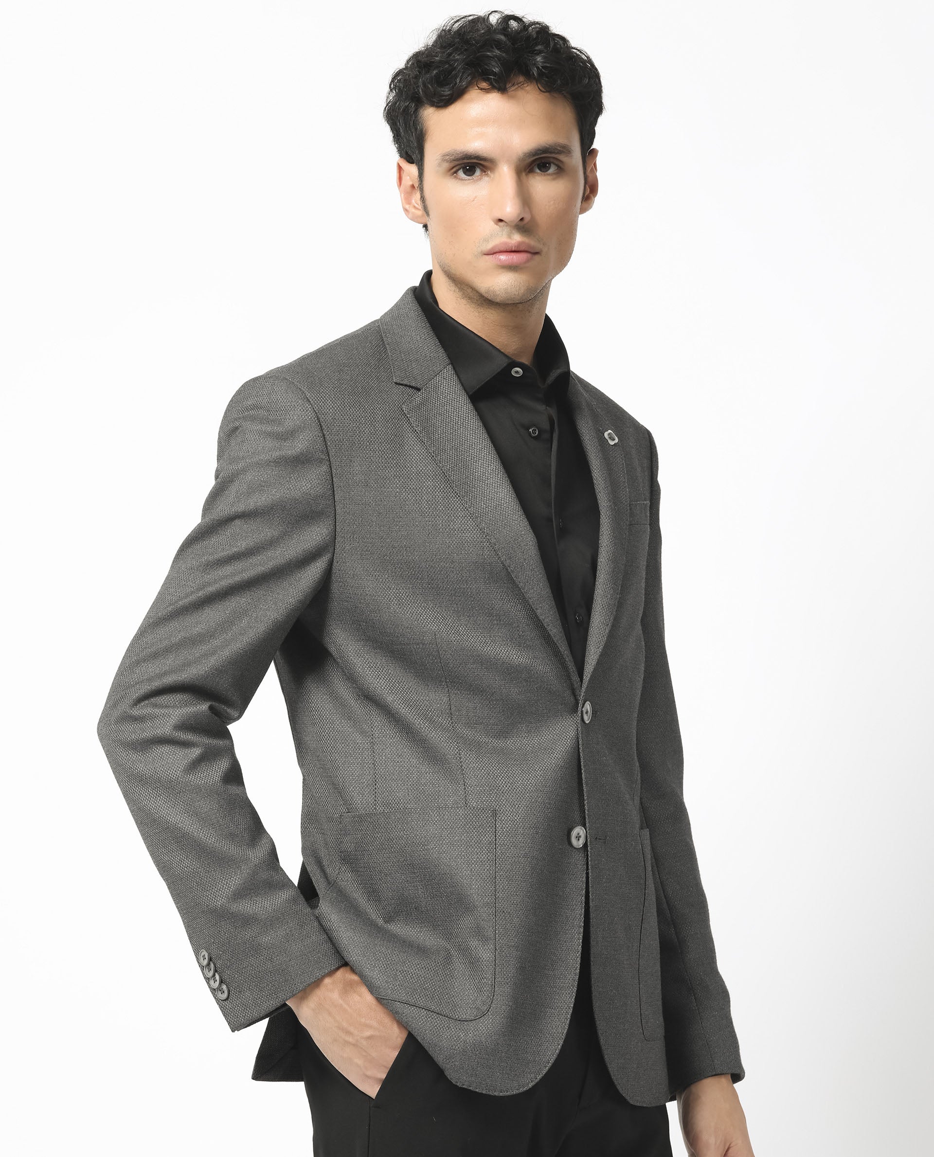 Rare Rabbit Men's Jardo Dark Grey Polyester Plain Tailored Fit Full Sleeve Lapel Neck Blazer - Image 9