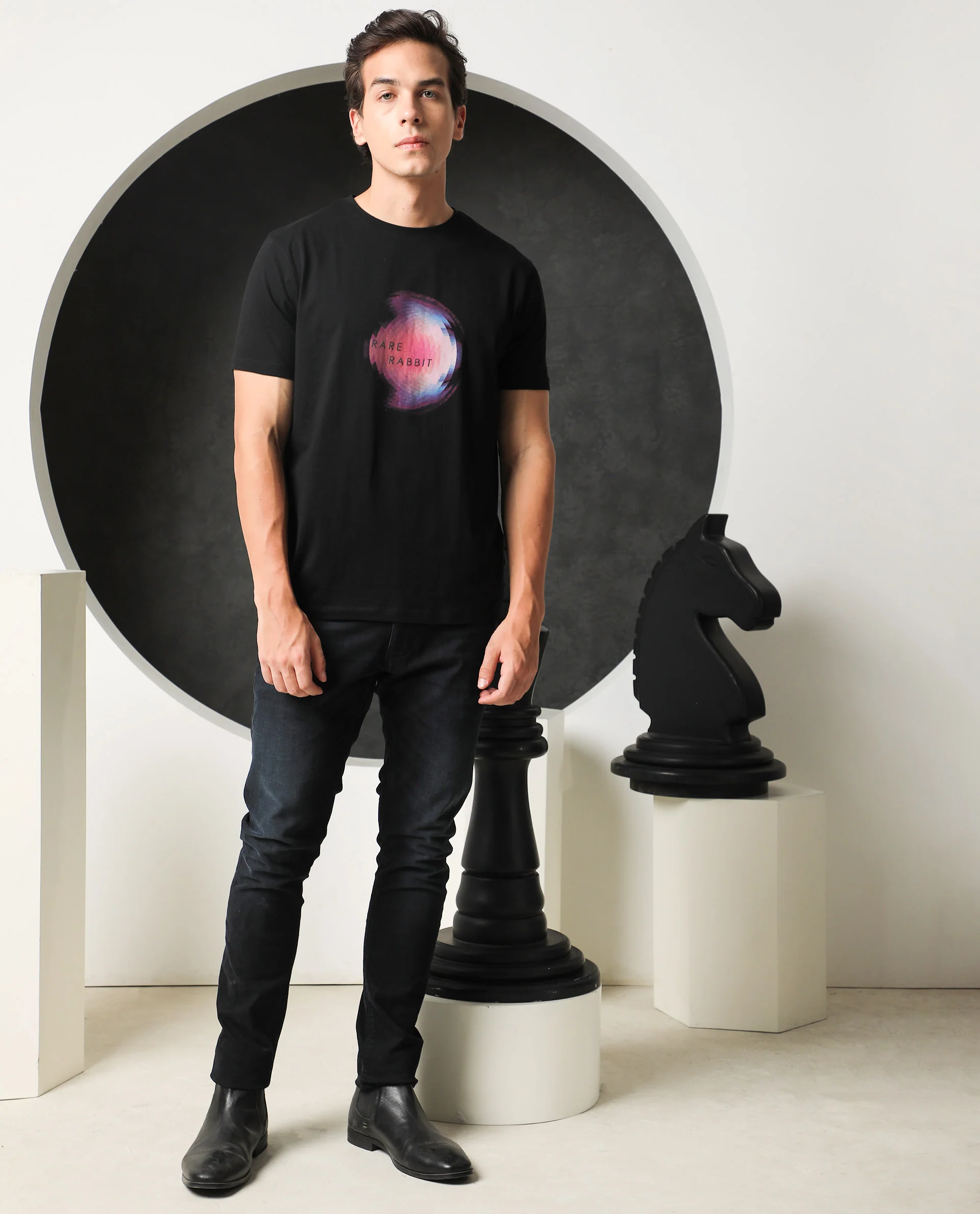 Rare Rabbit Men's Knobel Black Cotton Graphic Print Slim Fit Half Sleeve Crew Neck T-Shirt - Image 3