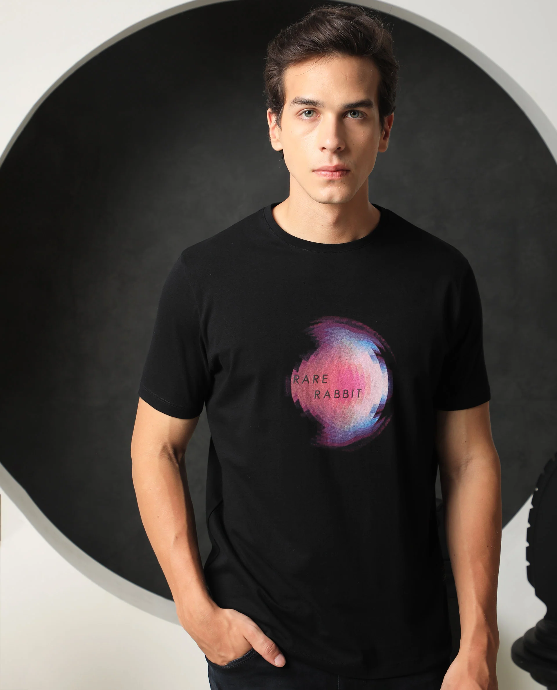 Rare Rabbit Men's Knobel Black Cotton Graphic Print Slim Fit Half Sleeve Crew Neck T-Shirt - Image 5