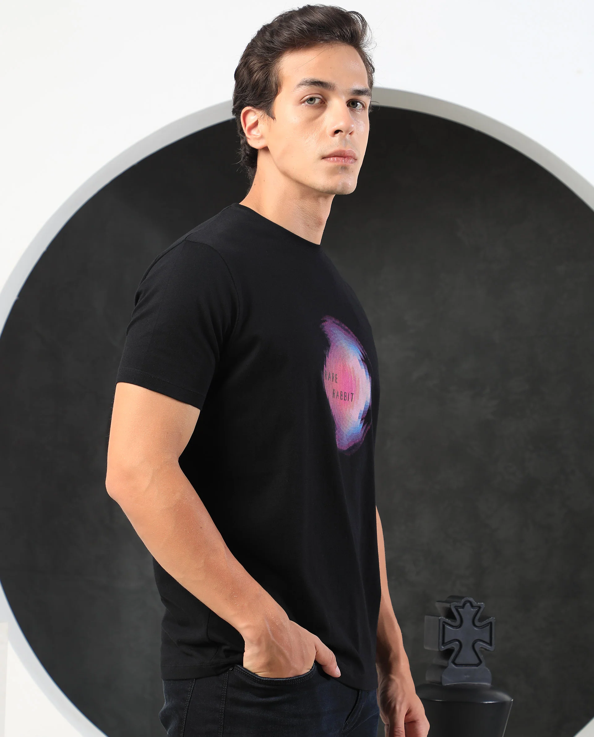 Rare Rabbit Men's Knobel Black Cotton Graphic Print Slim Fit Half Sleeve Crew Neck T-Shirt - Image 6