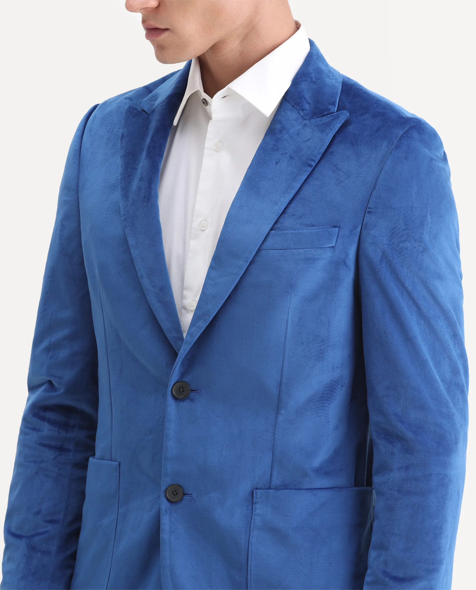 Rare Rabbit Men's Mazey Blue Velvet Plain Tailored Fit Full Sleeve Lapel Neck Blazer - Image 3