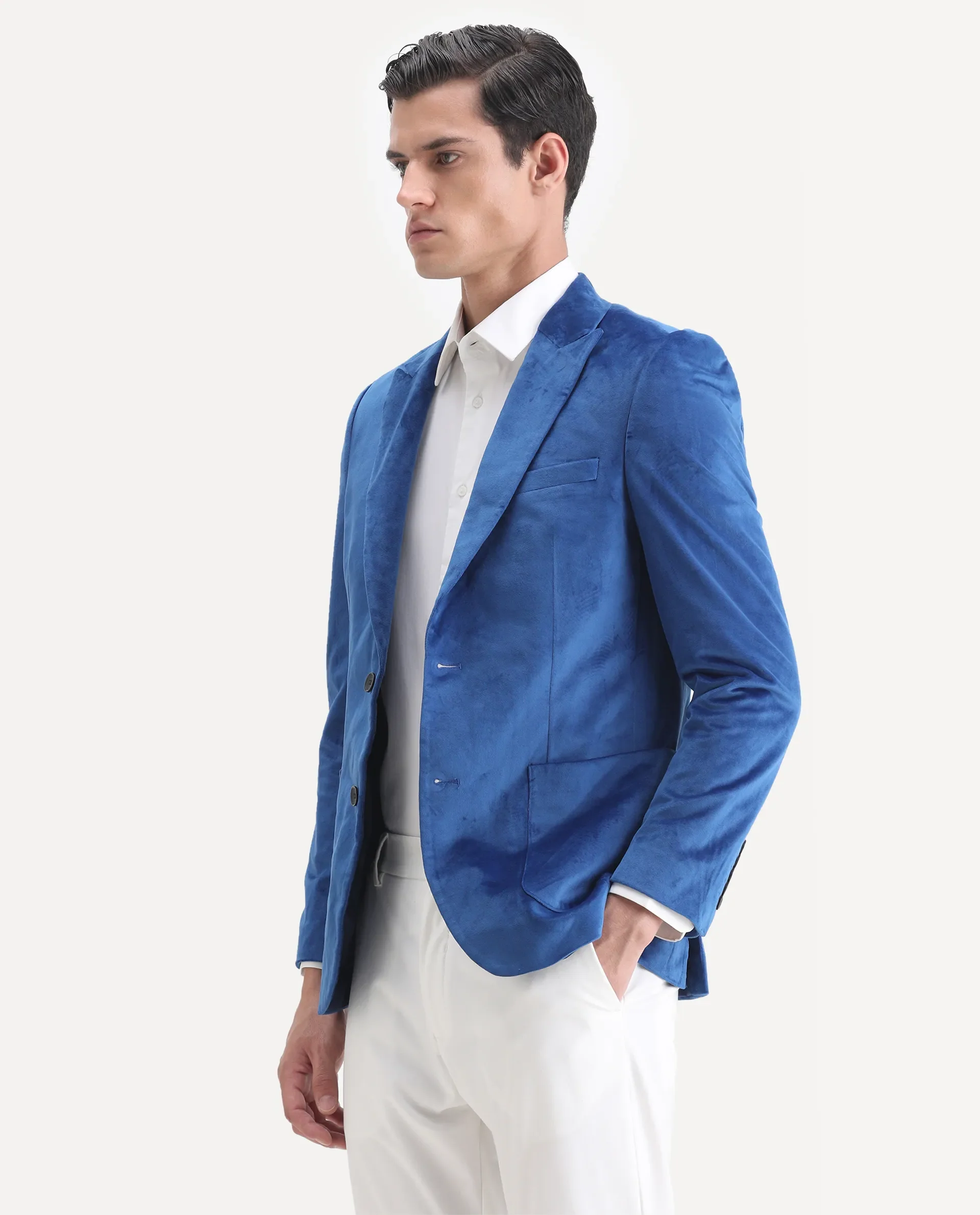 Rare Rabbit Men's Mazey Blue Velvet Plain Tailored Fit Full Sleeve Lapel Neck Blazer - Image 5