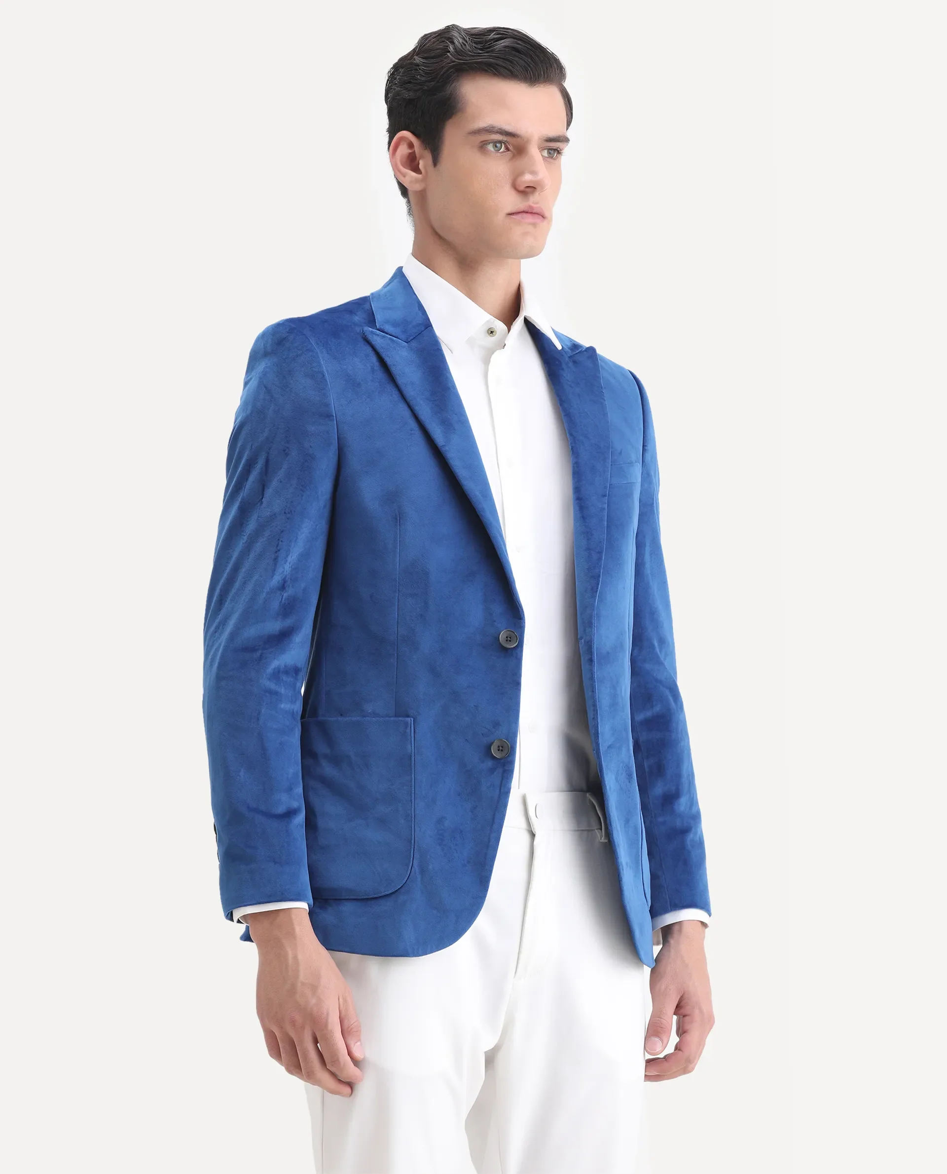 Rare Rabbit Men's Mazey Blue Velvet Plain Tailored Fit Full Sleeve Lapel Neck Blazer - Image 6
