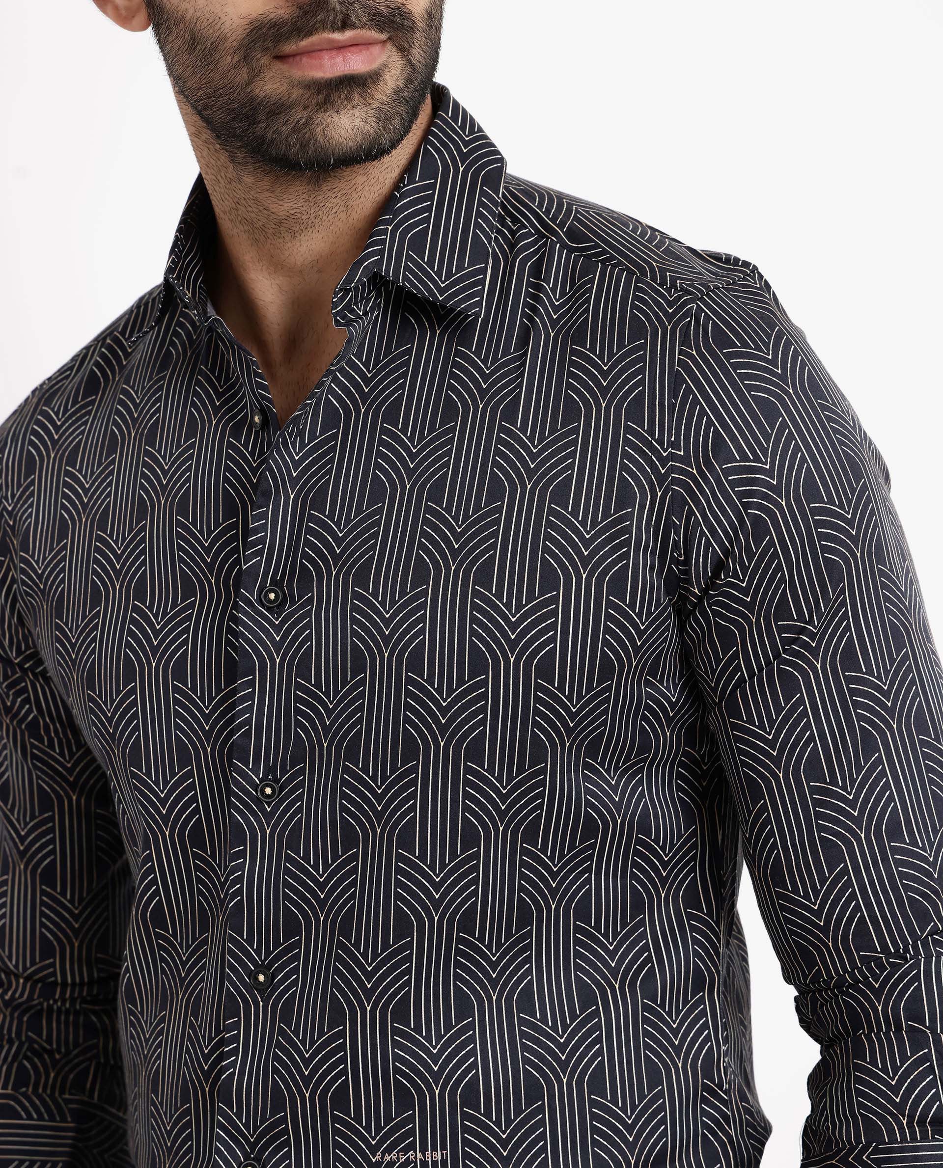 Rare Rabbit Men's Millen Black Cotton Geometric Print Regular Fit Full Sleeve Collared Shirt - Image 4
