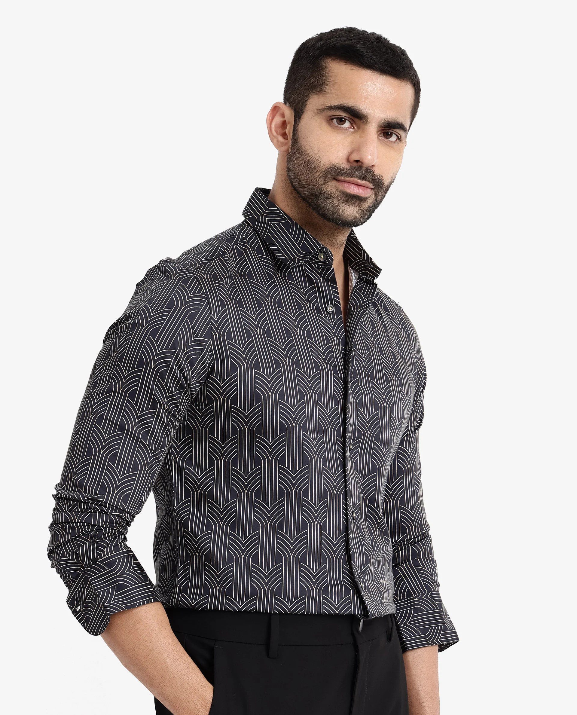 Rare Rabbit Men's Millen Black Cotton Geometric Print Regular Fit Full Sleeve Collared Shirt - Image 6