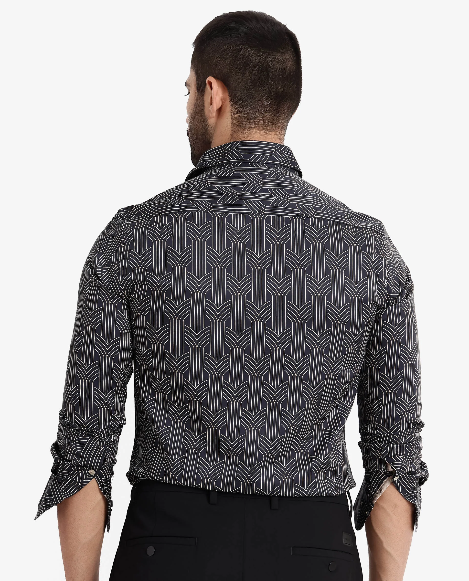 Rare Rabbit Men's Millen Black Cotton Geometric Print Regular Fit Full Sleeve Collared Shirt - Image 8