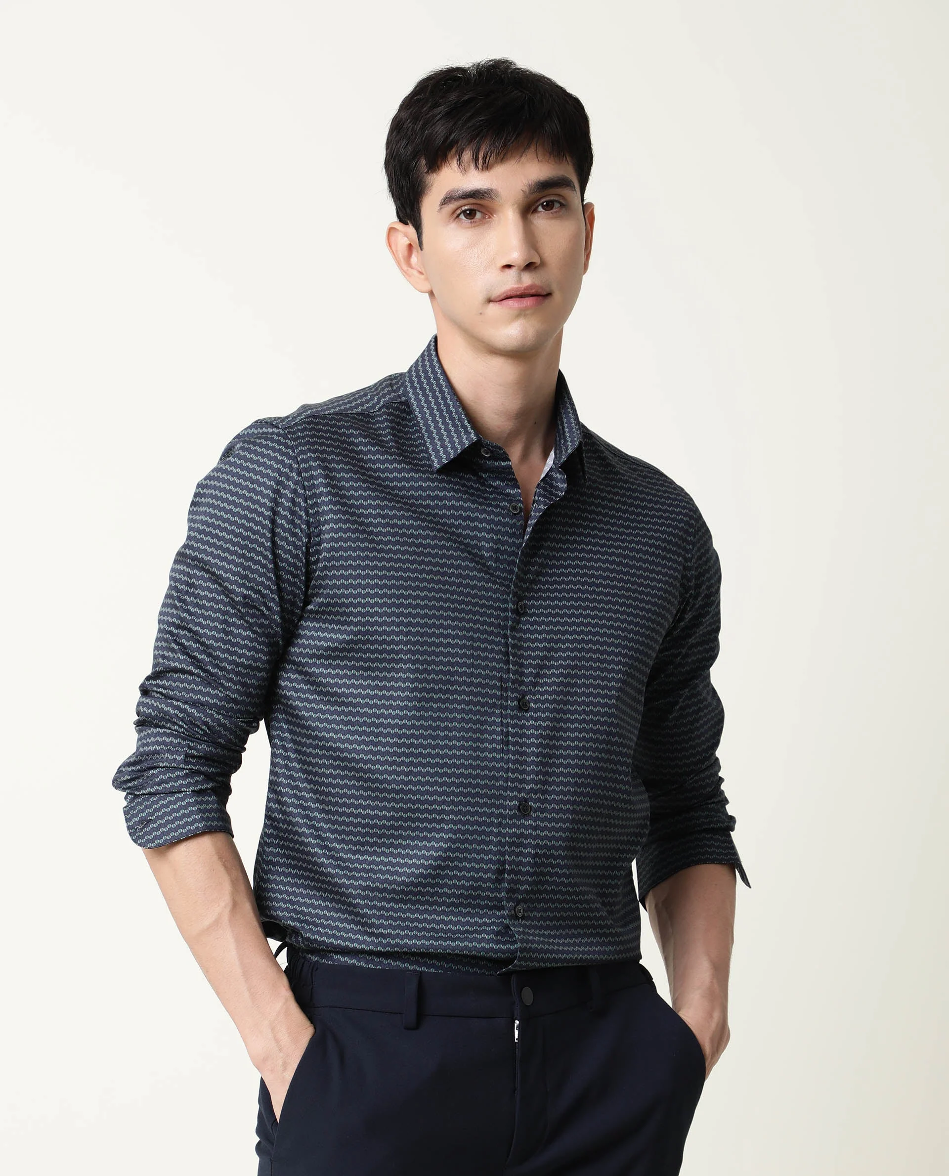 Rare Rabbit Men's Millyy Green Cotton Geometric Print Regular Fit Full Sleeve Collared Shirt - Image 3