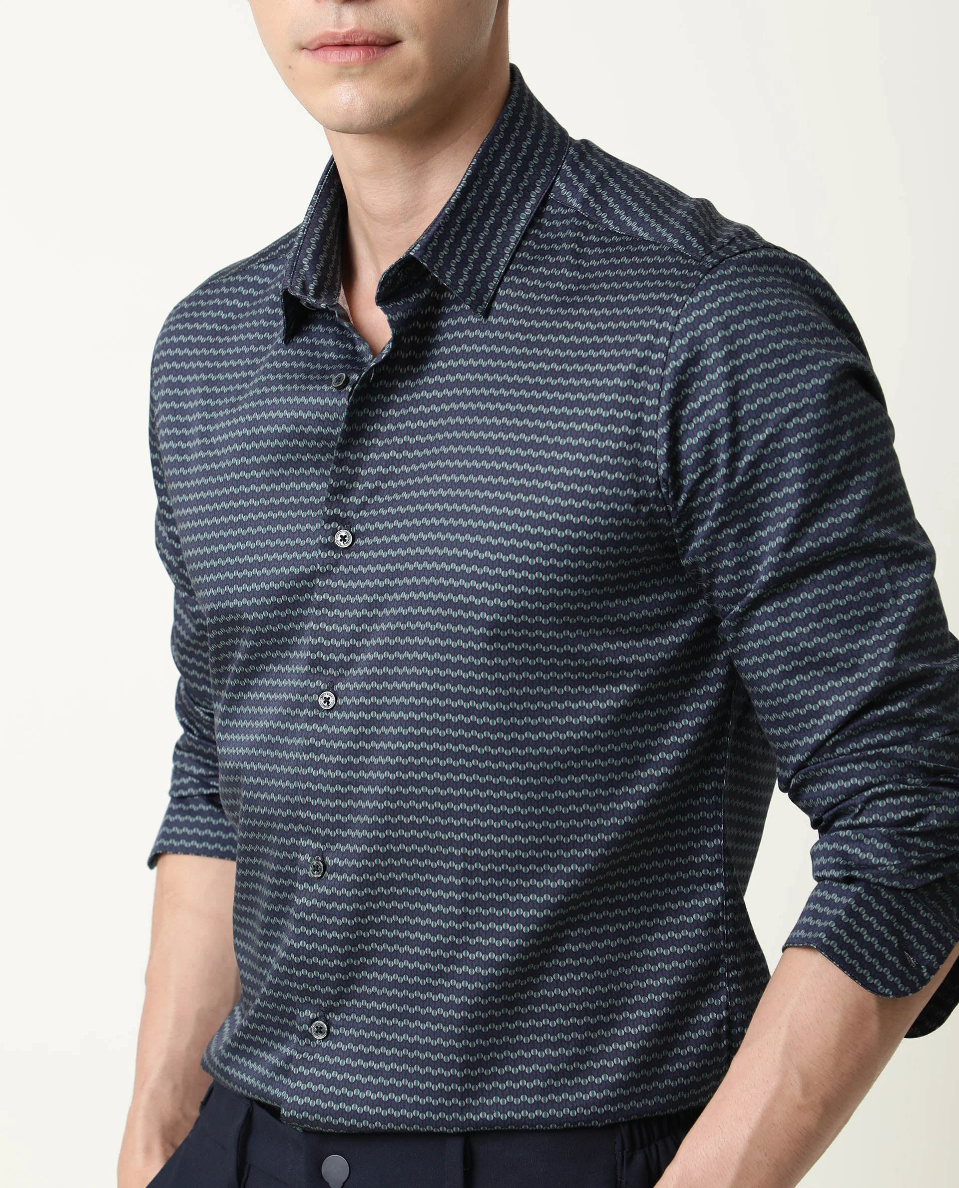 Rare Rabbit Men's Millyy Green Cotton Geometric Print Regular Fit Full Sleeve Collared Shirt - Image 5