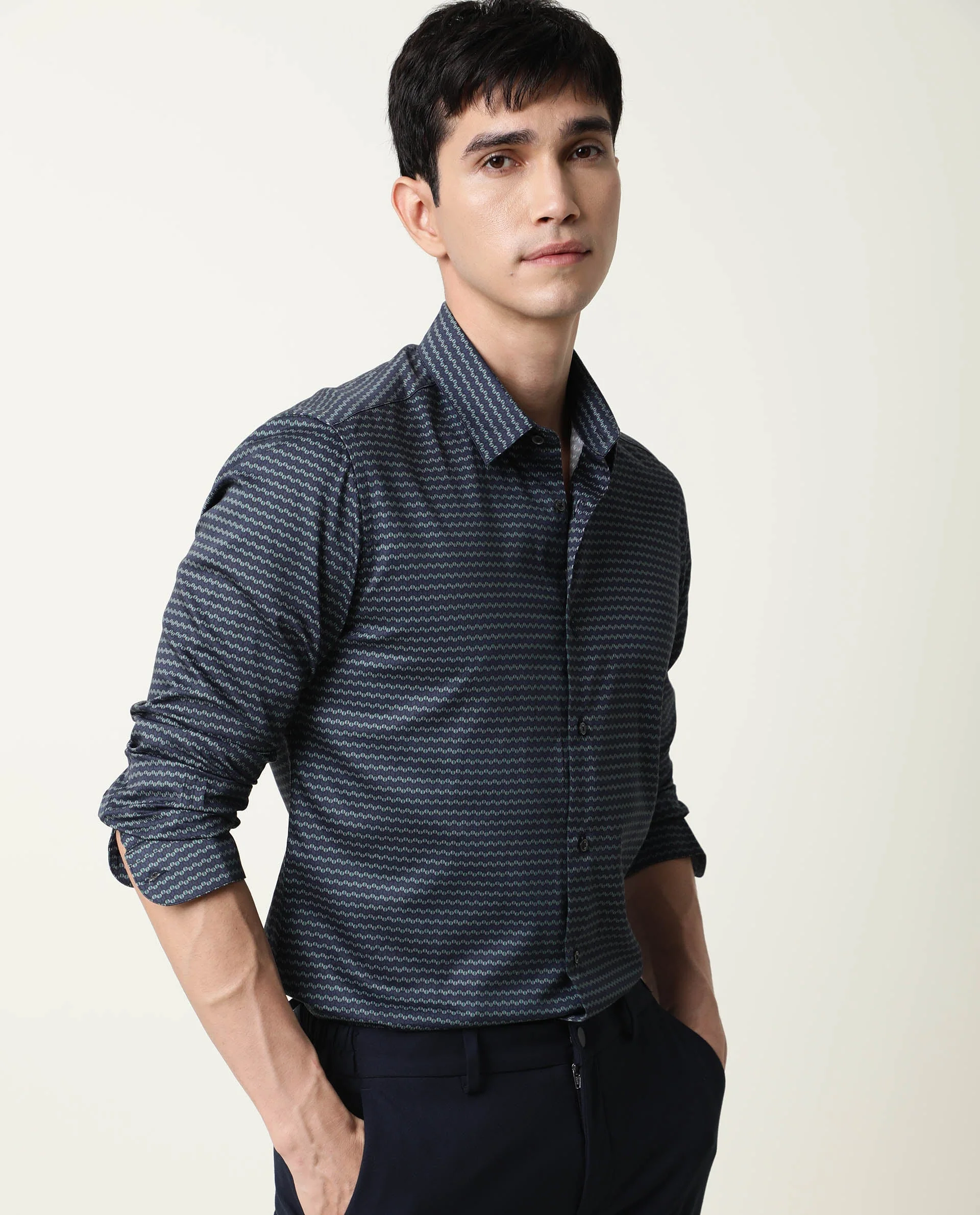 Rare Rabbit Men's Millyy Green Cotton Geometric Print Regular Fit Full Sleeve Collared Shirt - Image 7