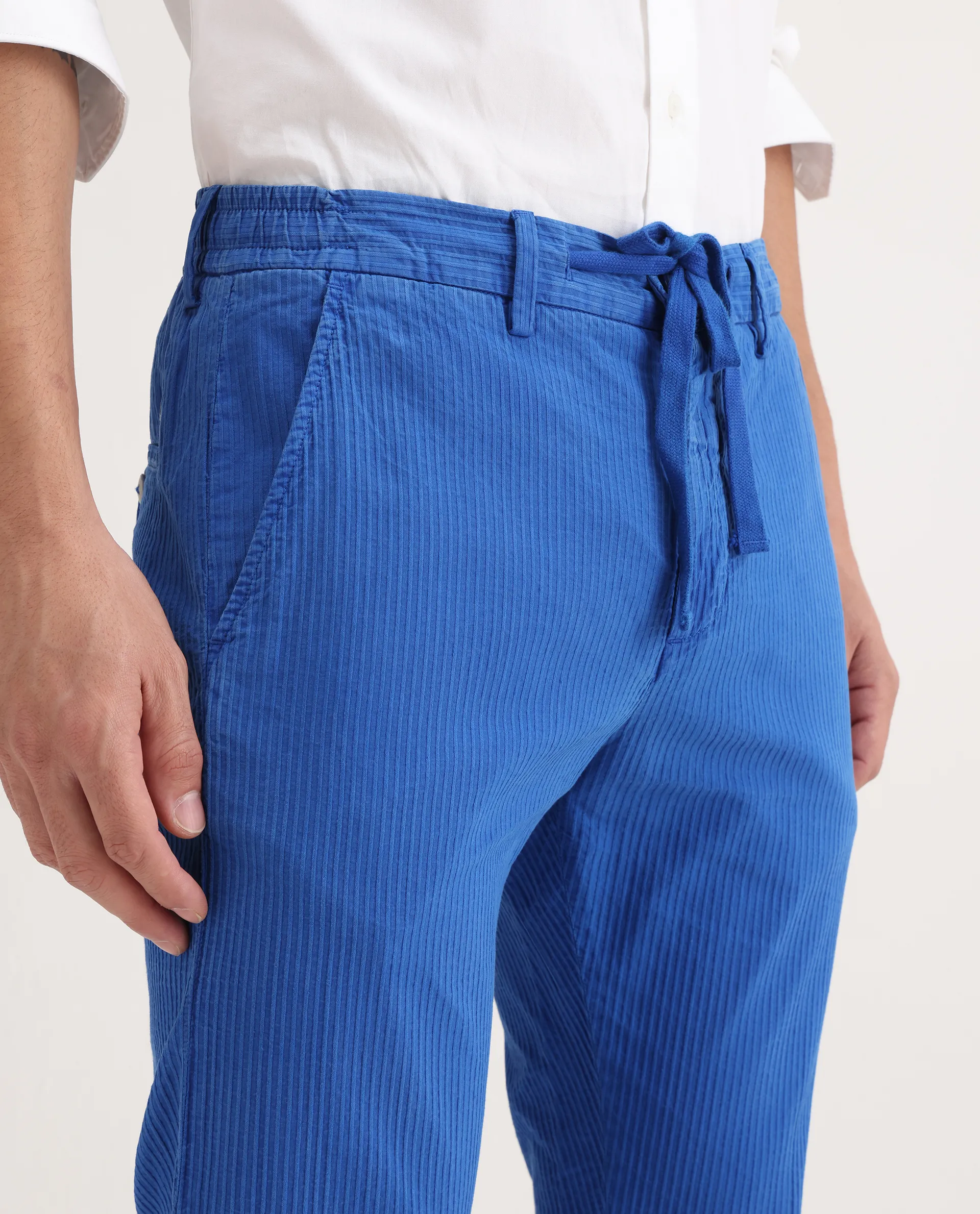 Rare Rabbit Men's Monter Fluorescent Blue Cotton Striped Print Regular Fit Trouser - Image 3