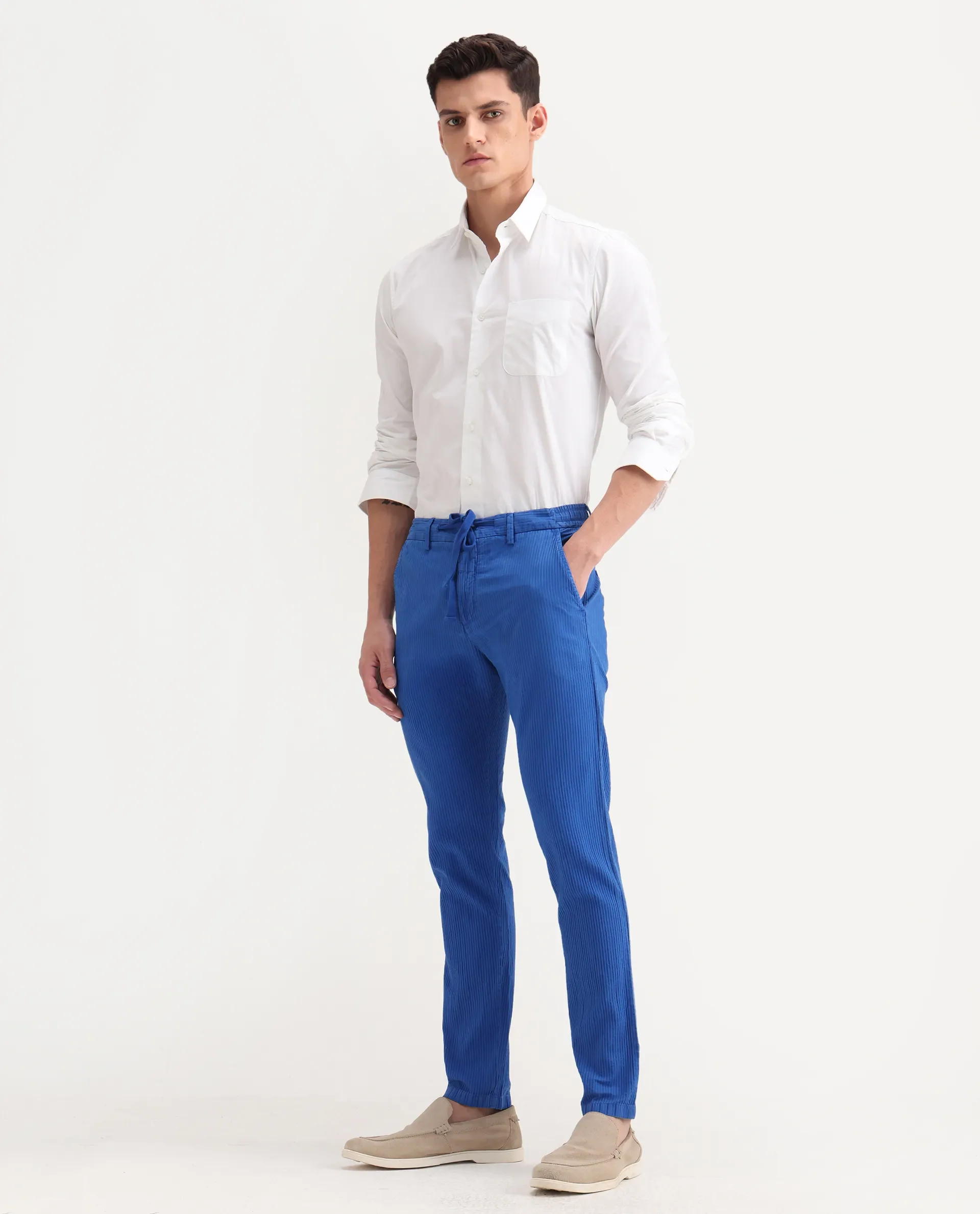 Rare Rabbit Men's Monter Fluorescent Blue Cotton Striped Print Regular Fit Trouser - Image 6