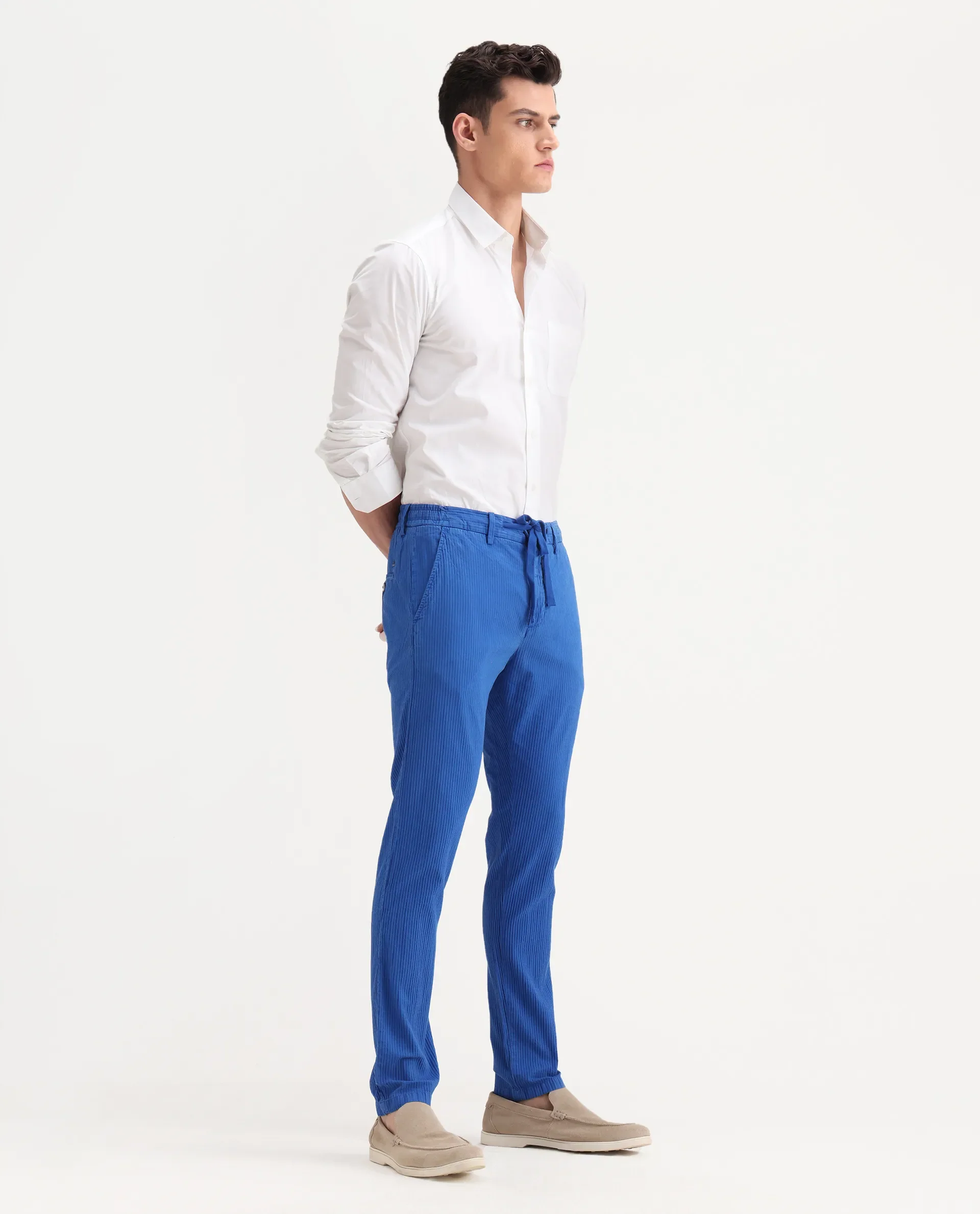 Rare Rabbit Men's Monter Fluorescent Blue Cotton Striped Print Regular Fit Trouser - Image 7