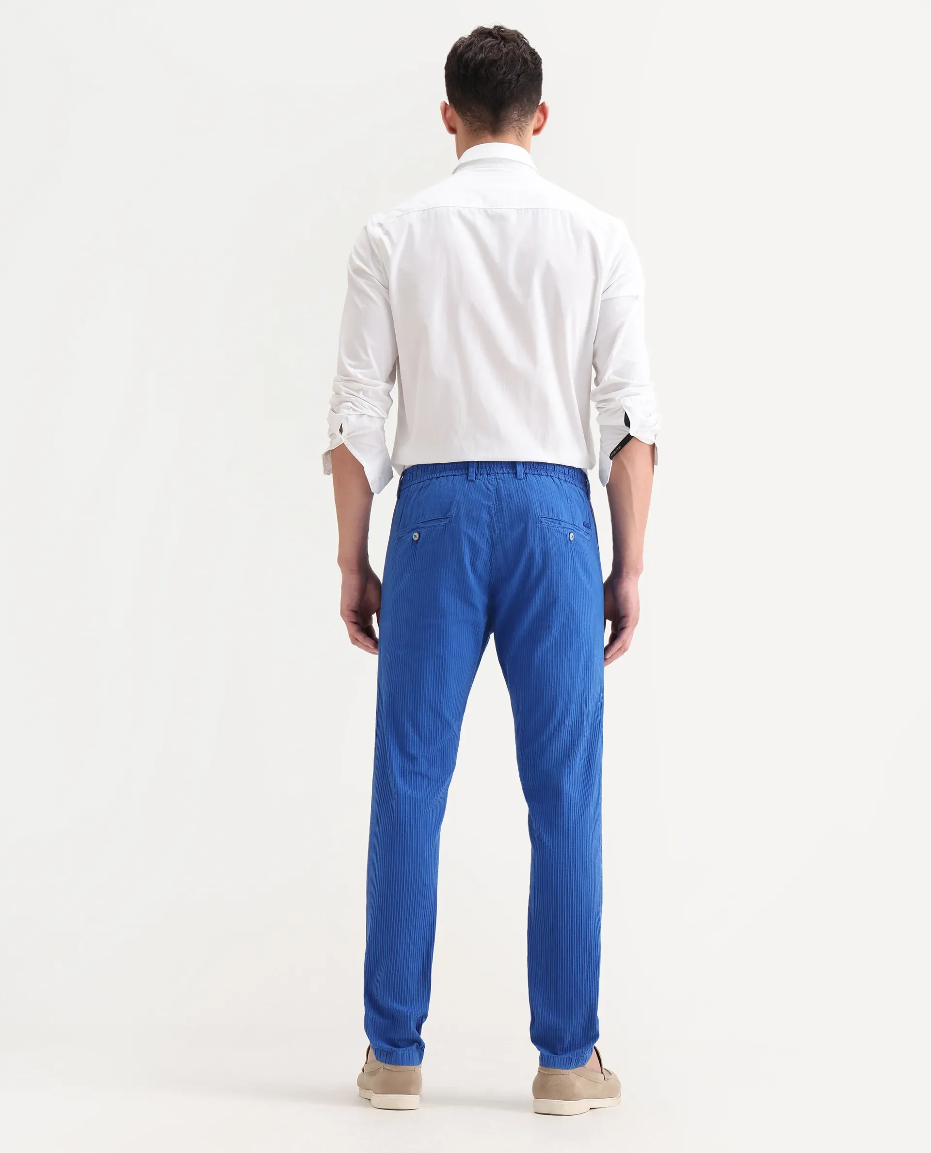 Rare Rabbit Men's Monter Fluorescent Blue Cotton Striped Print Regular Fit Trouser - Image 8