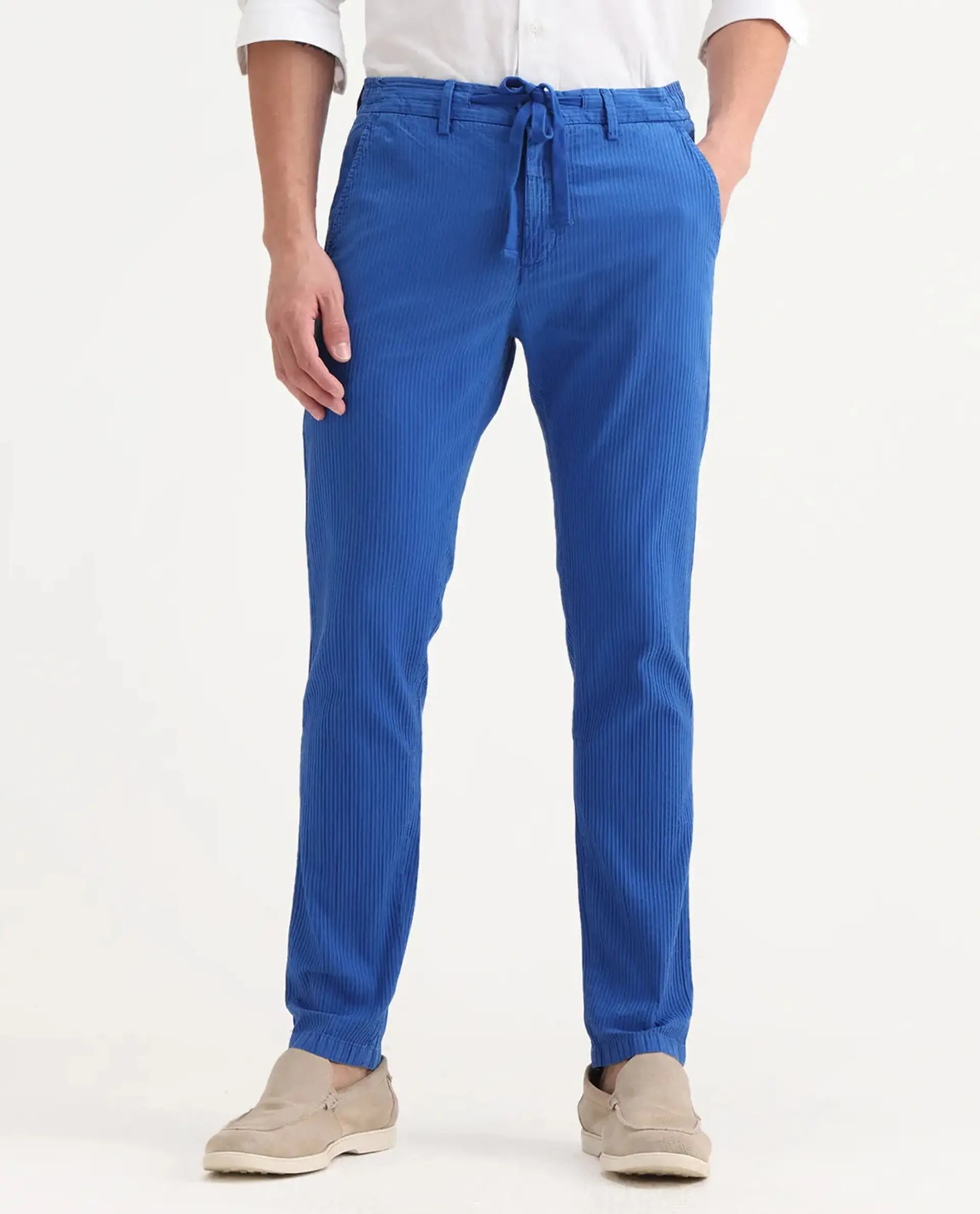 Rare Rabbit Men's Monter Fluorescent Blue Cotton Striped Print Regular Fit Trouser - Image 9