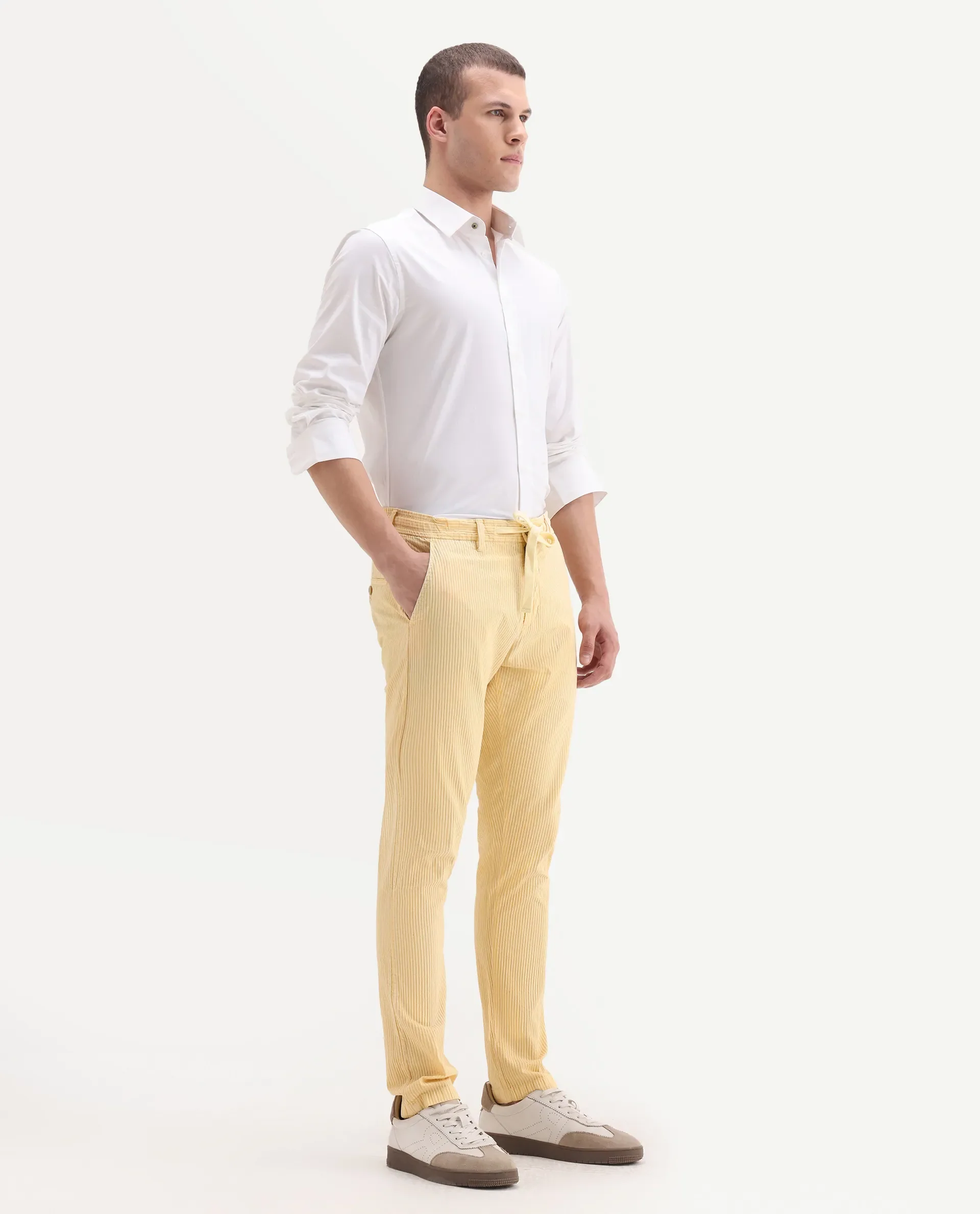 Rare Rabbit Men's Monter Mustard Cotton Striped Print Regular Fit Trouser - Image 4