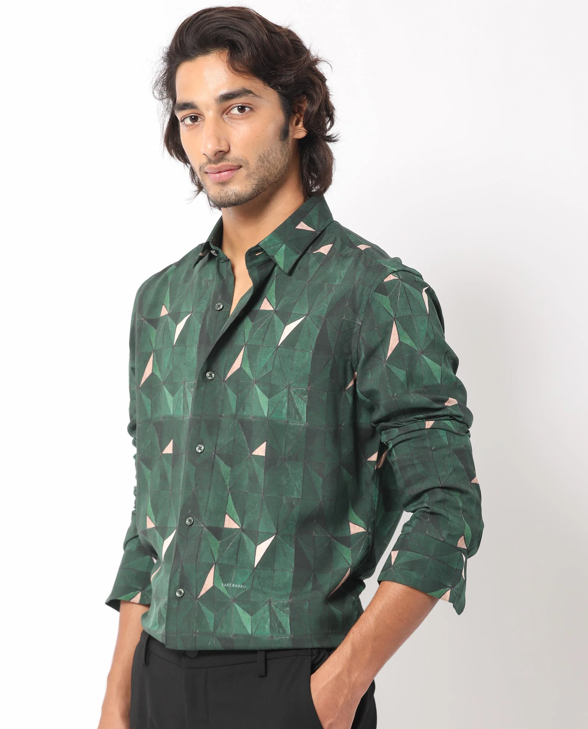 Rare Rabbit Men's Mose Green Viscose Geometric Print Regular Fit Full Sleeve Collared Shirt - Image 3