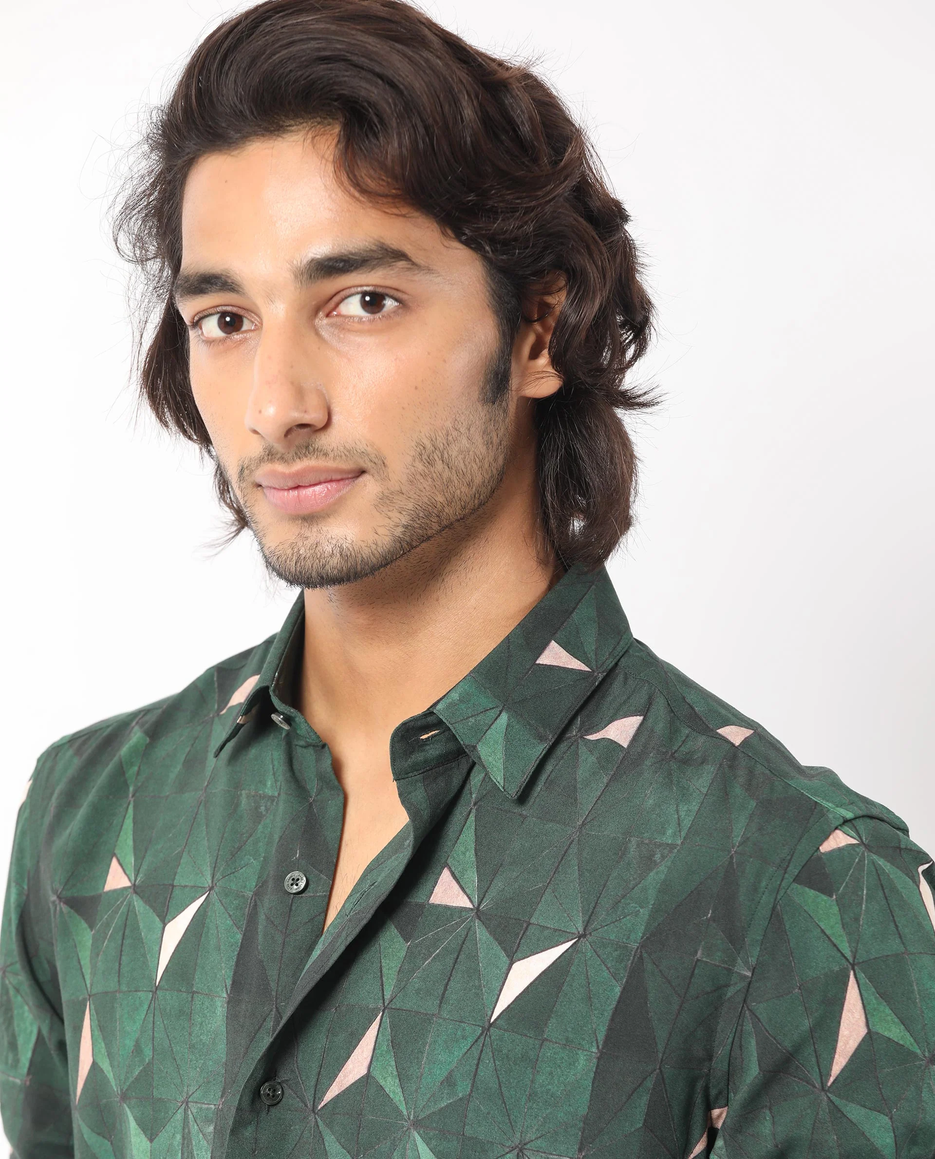 Rare Rabbit Men's Mose Green Viscose Geometric Print Regular Fit Full Sleeve Collared Shirt - Image 4