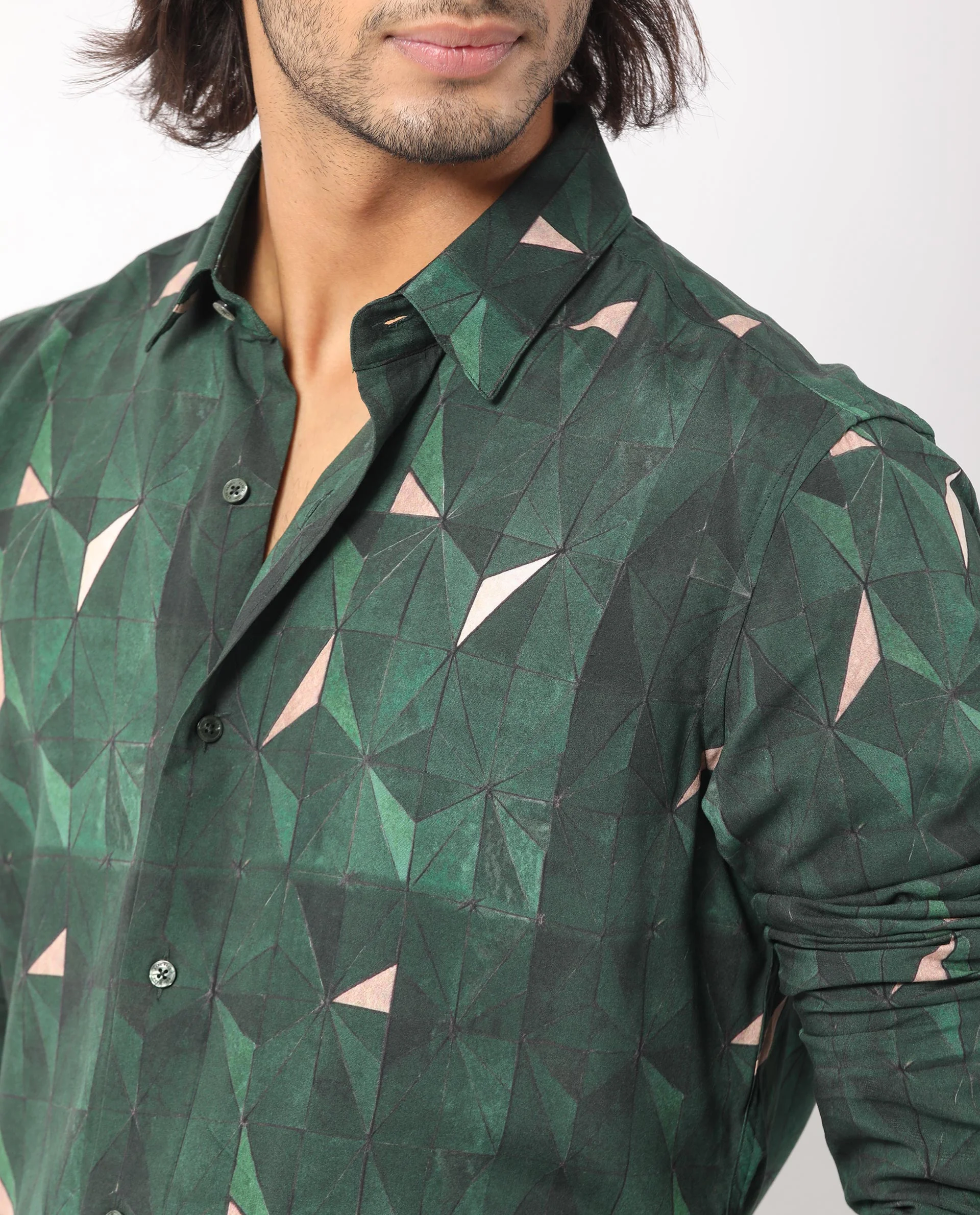 Rare Rabbit Men's Mose Green Viscose Geometric Print Regular Fit Full Sleeve Collared Shirt - Image 5