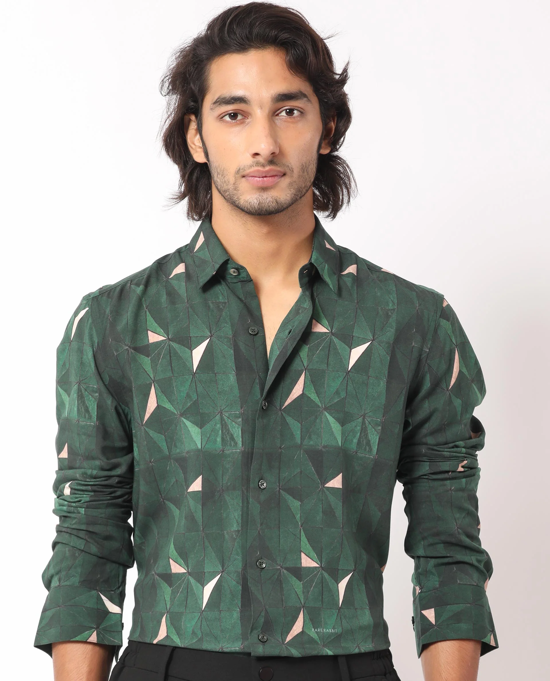 Rare Rabbit Men's Mose Green Viscose Geometric Print Regular Fit Full Sleeve Collared Shirt - Image 6