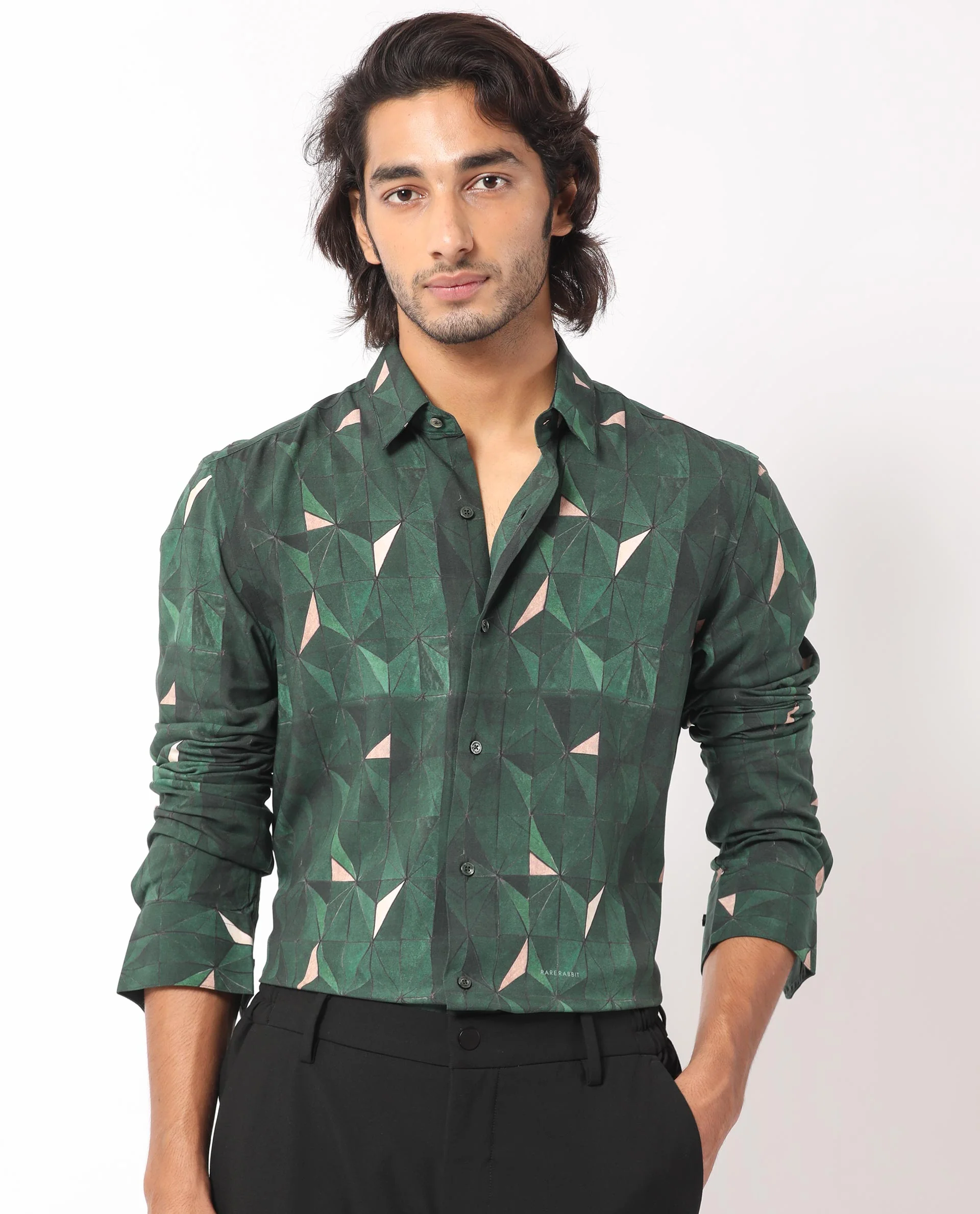 Rare Rabbit Men's Mose Green Viscose Geometric Print Regular Fit Full Sleeve Collared Shirt - Image 7