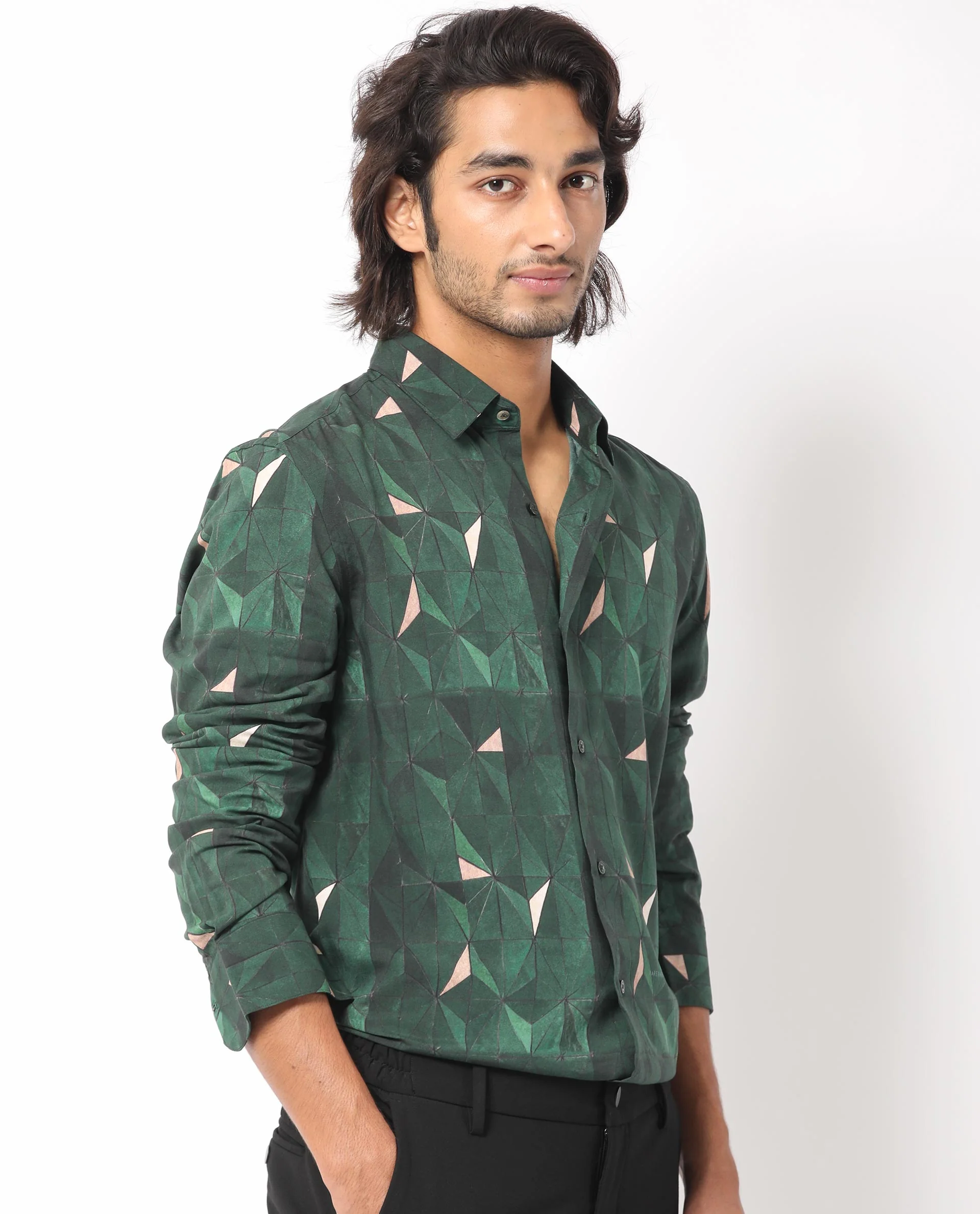 Rare Rabbit Men's Mose Green Viscose Geometric Print Regular Fit Full Sleeve Collared Shirt - Image 8