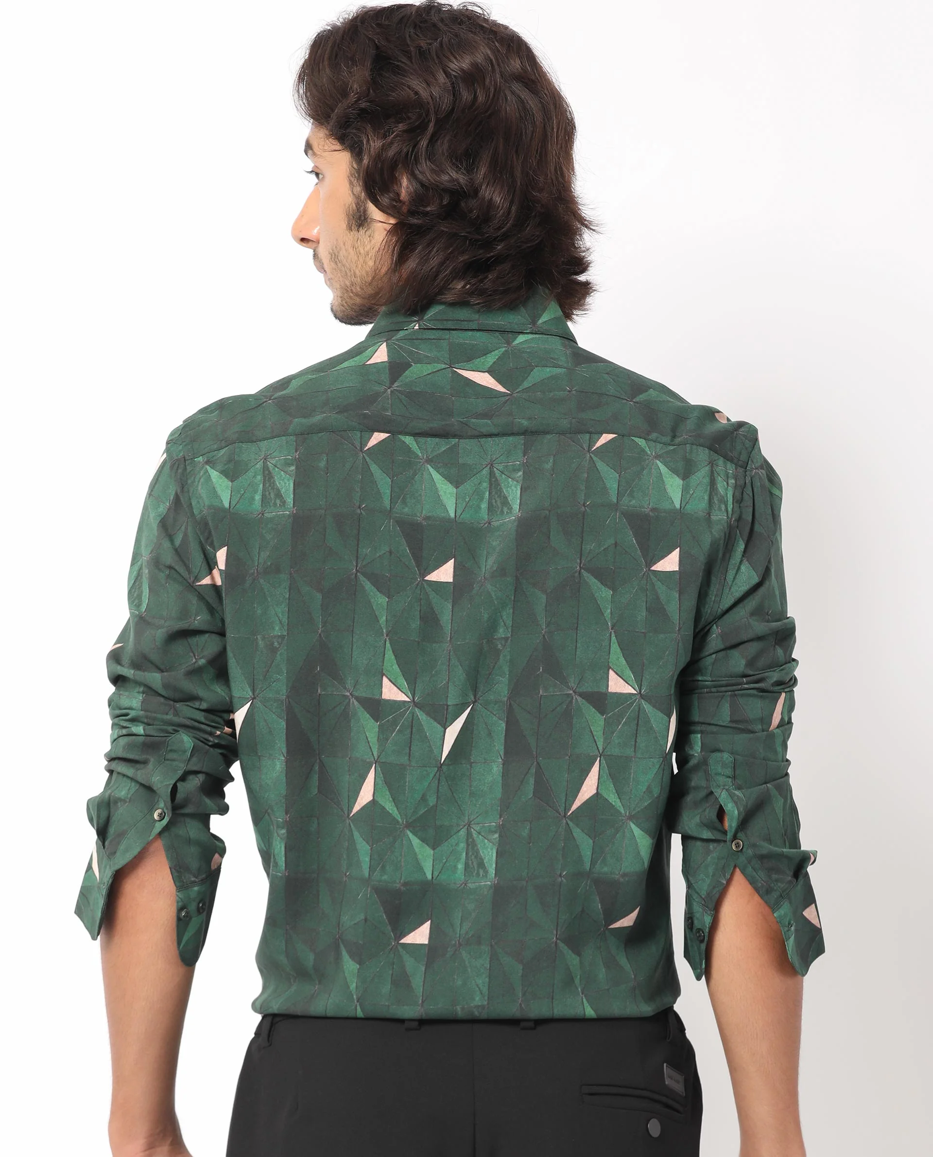 Rare Rabbit Men's Mose Green Viscose Geometric Print Regular Fit Full Sleeve Collared Shirt - Image 9
