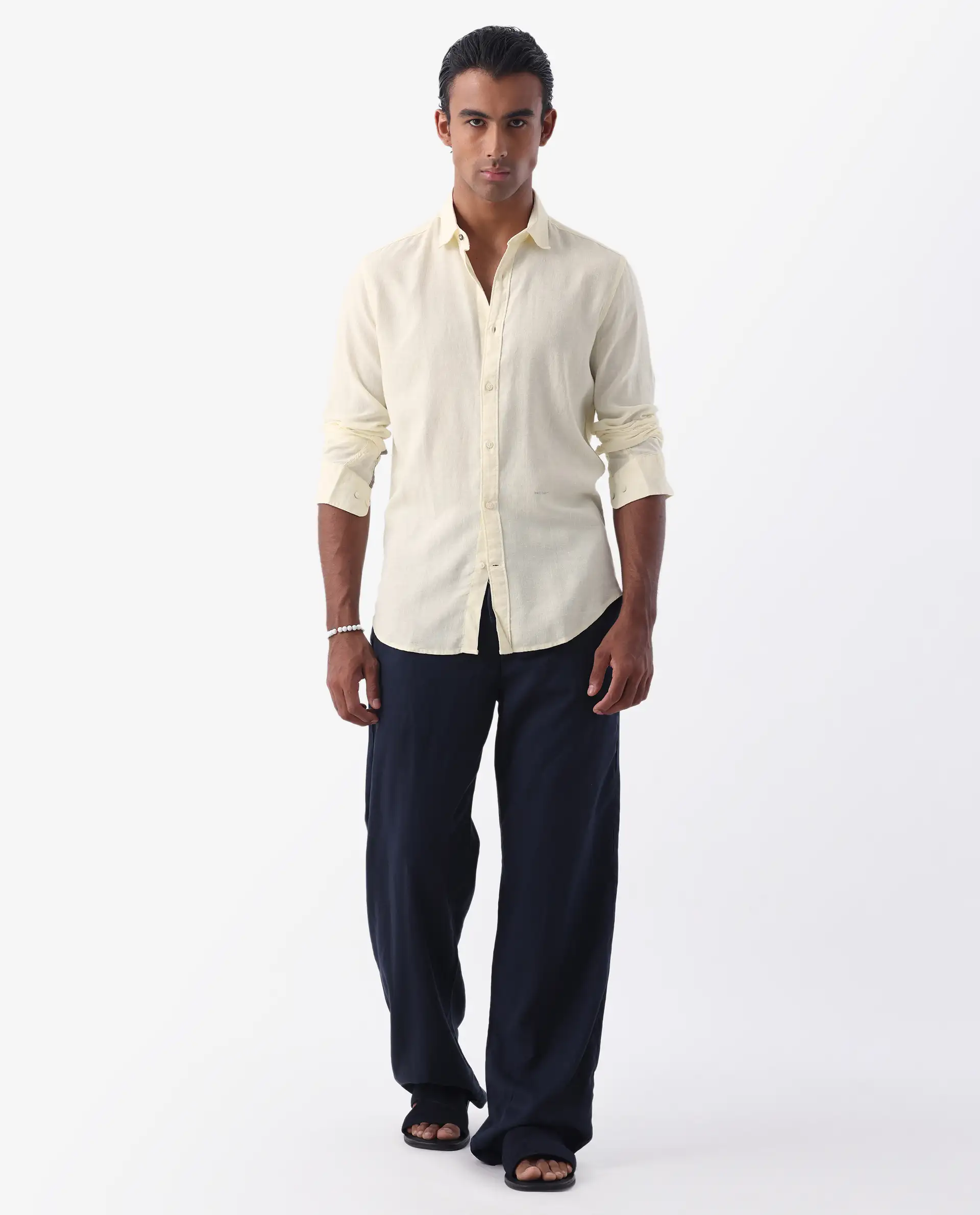 Rare Rabbit Men's Naples Yellow Linen Blend Plain Regular Fit Full Sleeve Collared Shirt - Image 3