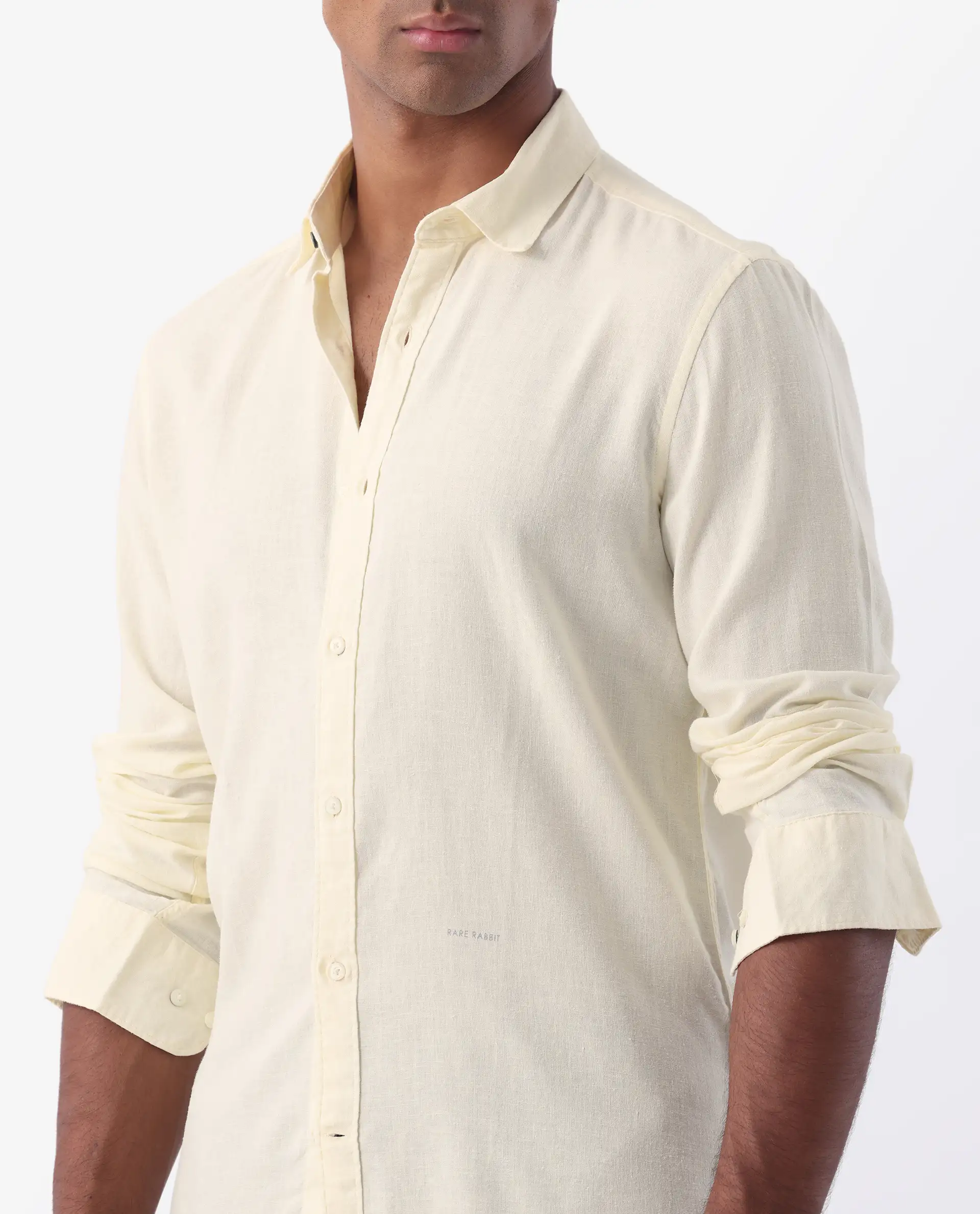 Rare Rabbit Men's Naples Yellow Linen Blend Plain Regular Fit Full Sleeve Collared Shirt - Image 4