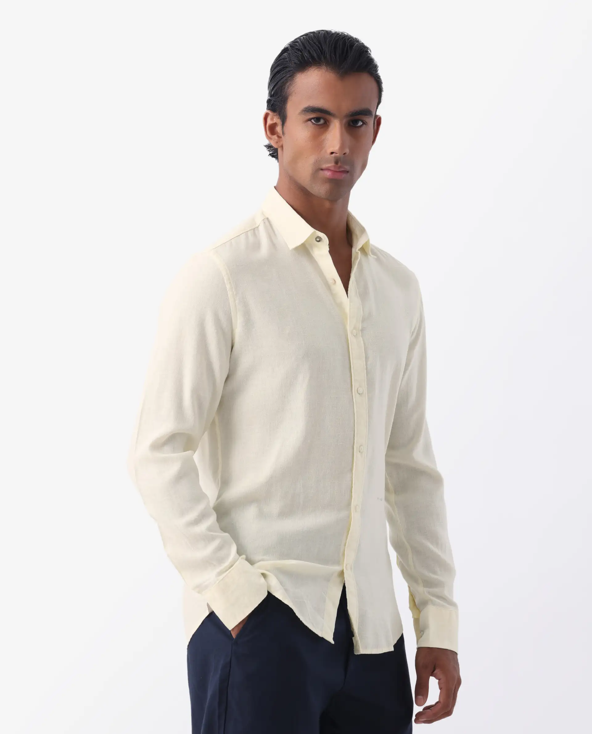 Rare Rabbit Men's Naples Yellow Linen Blend Plain Regular Fit Full Sleeve Collared Shirt - Image 6