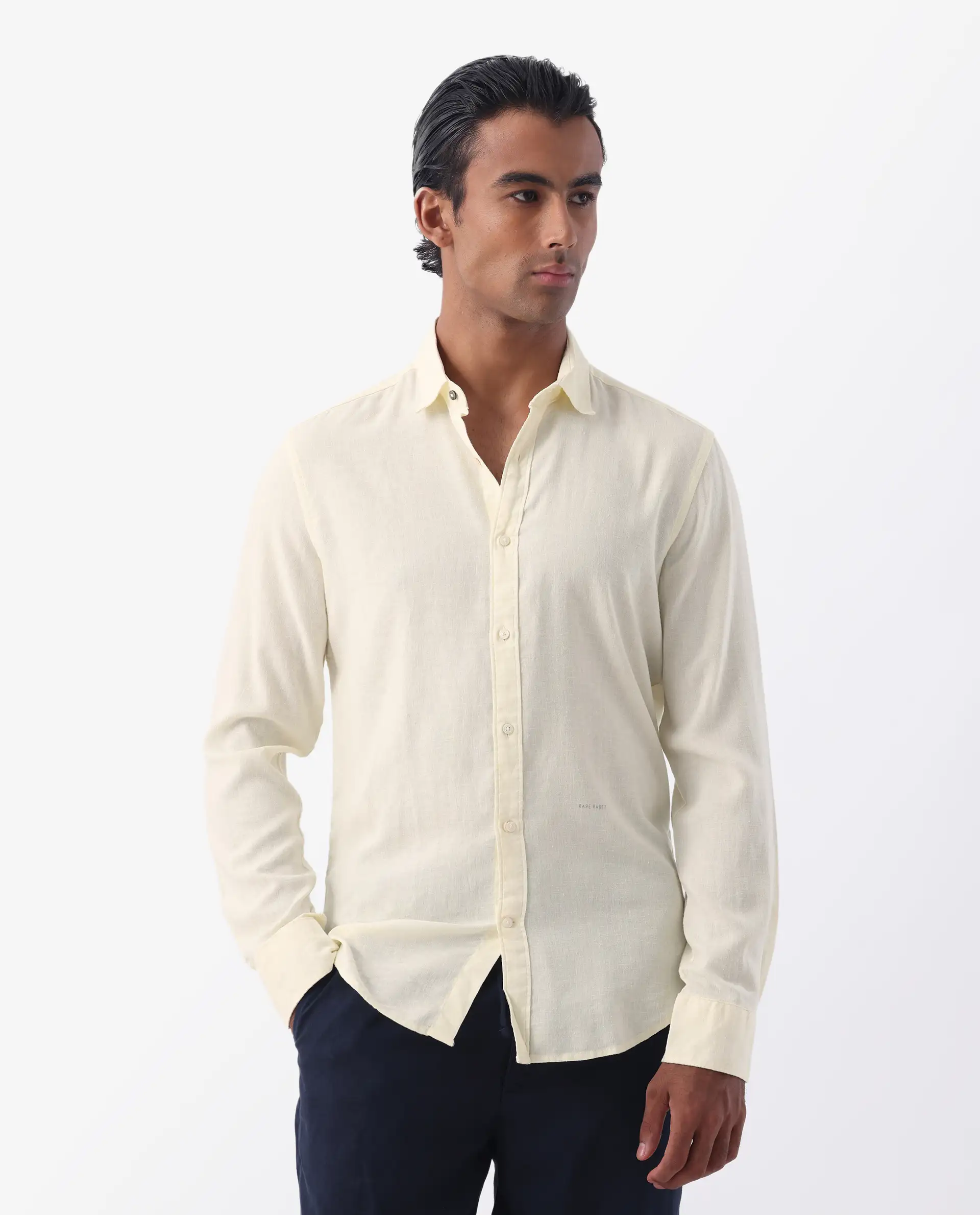 Rare Rabbit Men's Naples Yellow Linen Blend Plain Regular Fit Full Sleeve Collared Shirt - Image 7