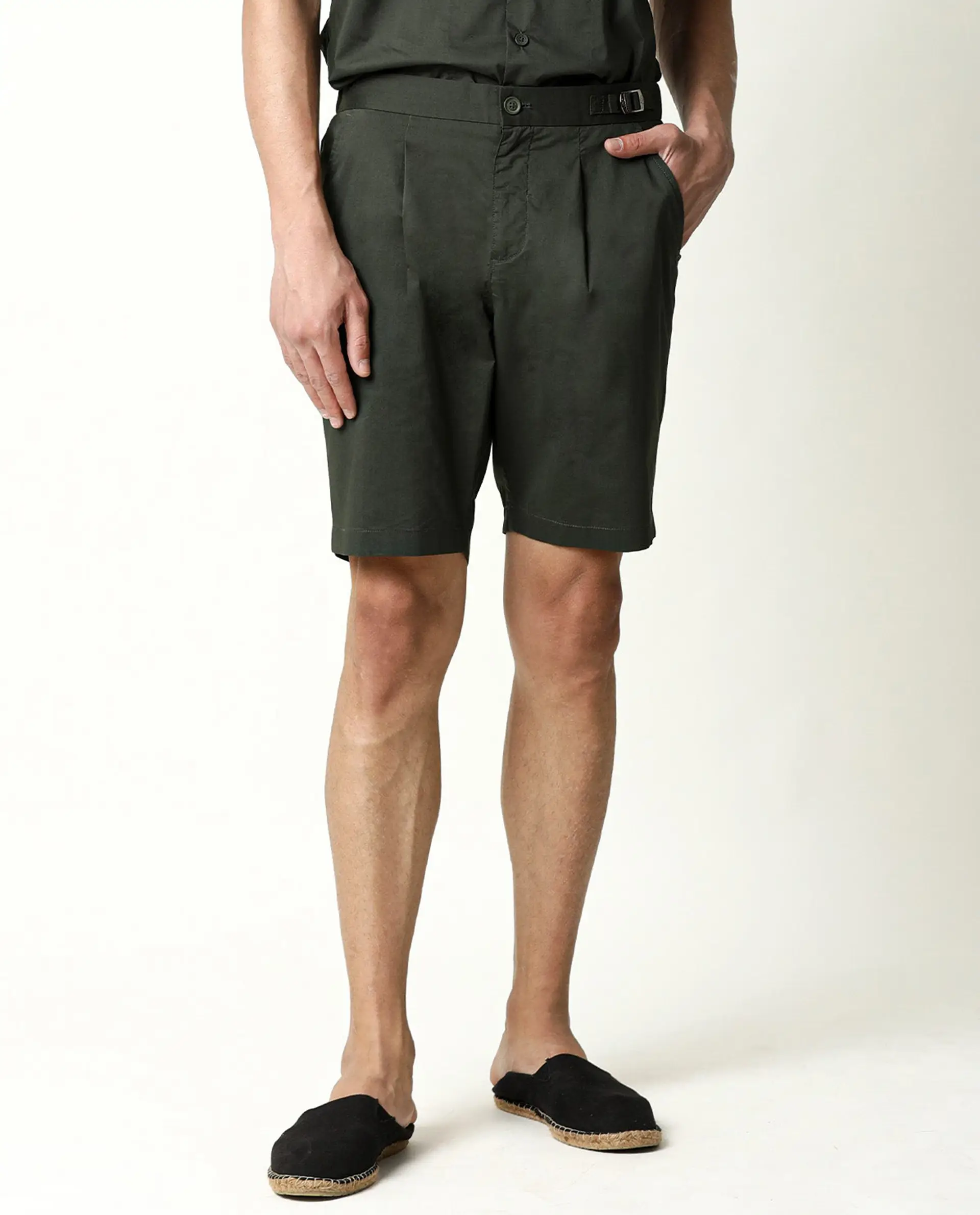 Rare Rabbit Men's Osaka Olive Cotton Plain Regular Fit Shorts - Image 8