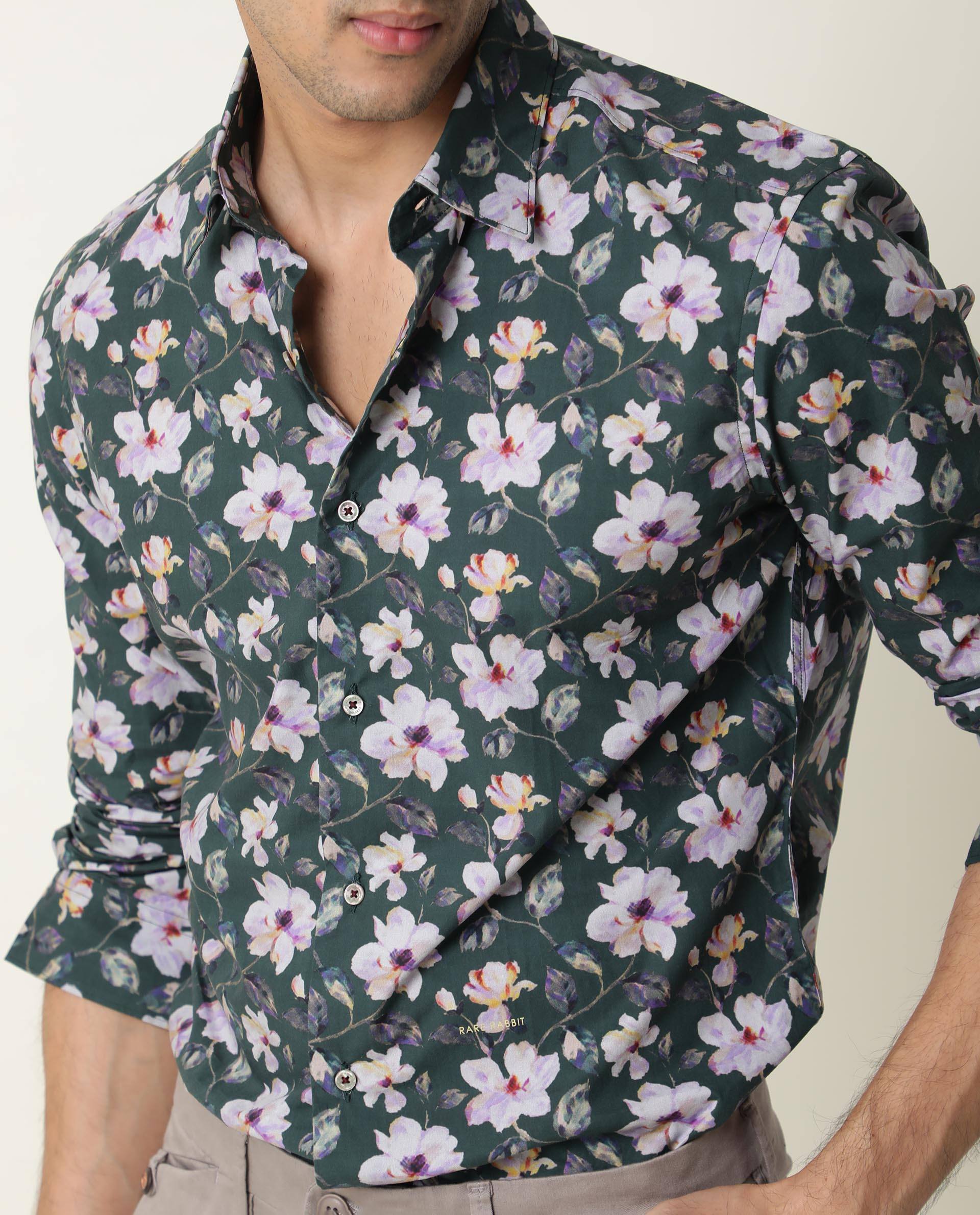 Rare Rabbit Men's Paintt Green Cotton Floral Print Regular Fit Full Sleeve Collared Shirt - Image 5