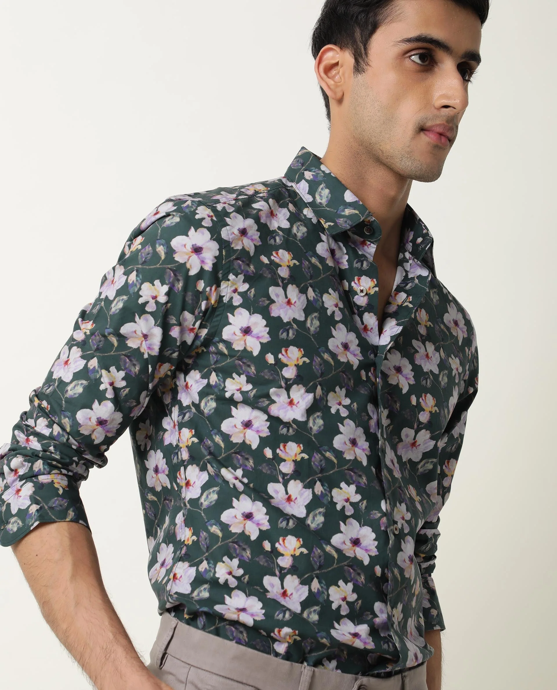 Rare Rabbit Men's Paintt Green Cotton Floral Print Regular Fit Full Sleeve Collared Shirt - Image 6