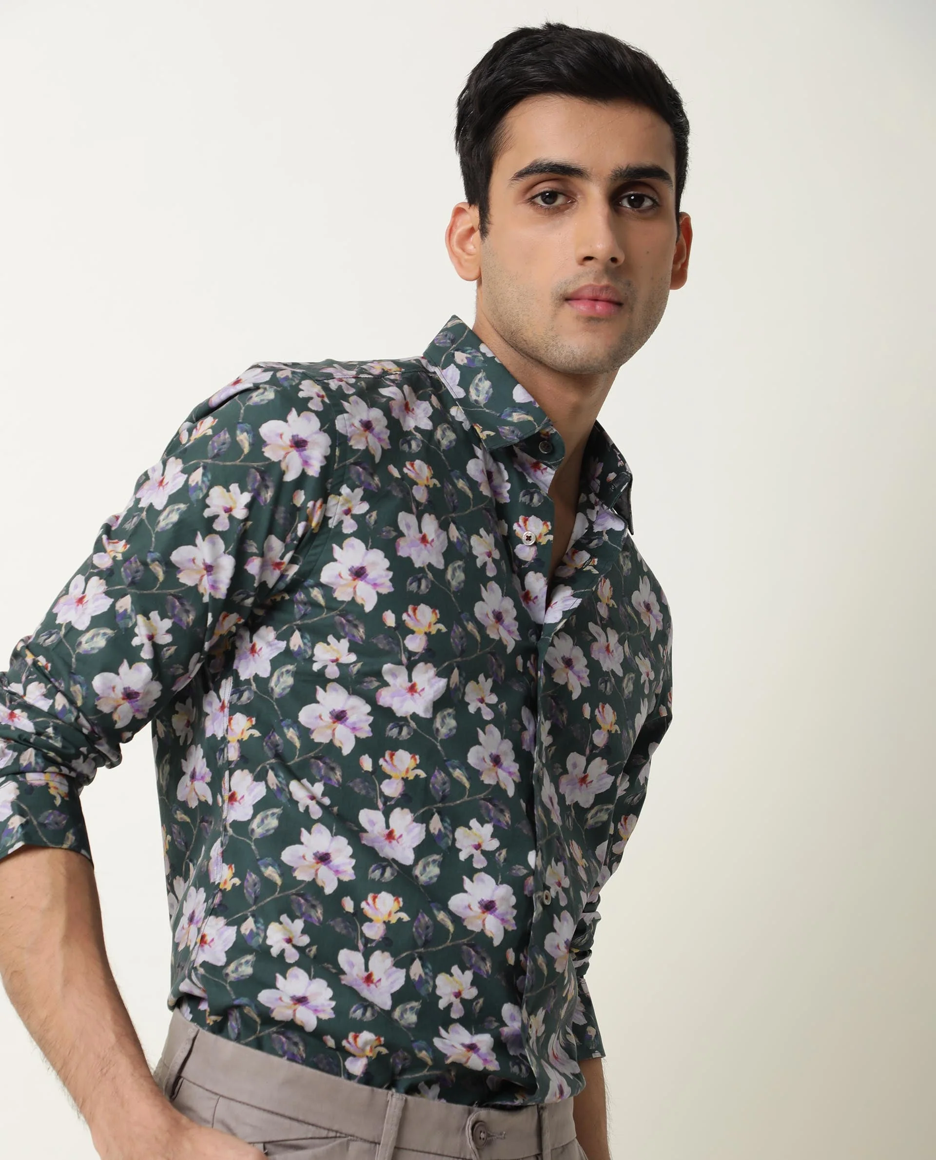 Rare Rabbit Men's Paintt Green Cotton Floral Print Regular Fit Full Sleeve Collared Shirt - Image 8