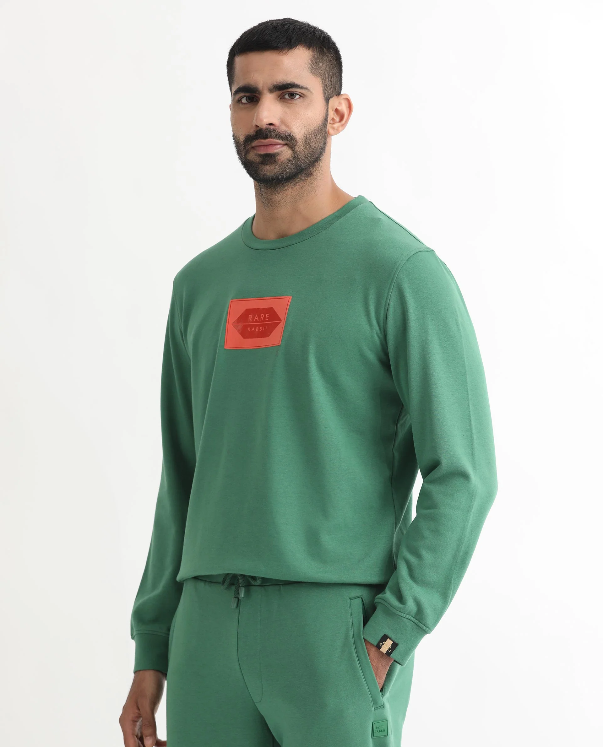 Rare Rabbit Men's Pectin Green Cotton Graphic Print Regular Fit Full Sleeve Crew Neck Sweatshirt - Image 3