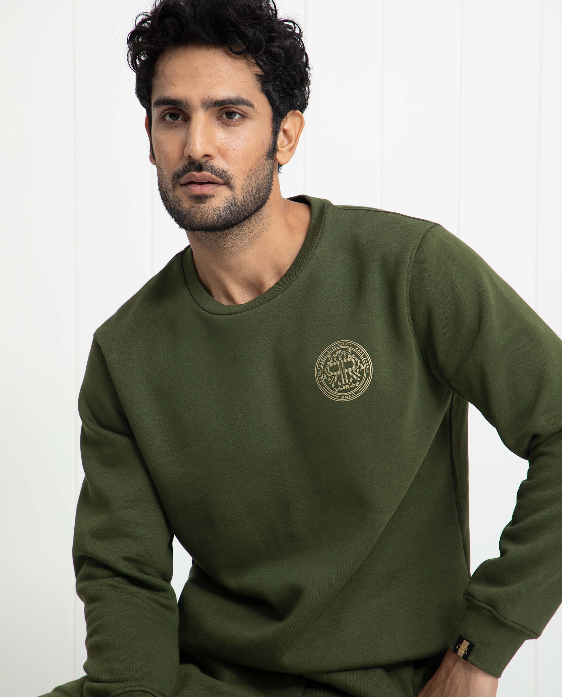 Rare Rabbit Men's Pine Olive Cotton Graphic Print Regular Fit Full Sleeve Crew Neck Sweatshirt - Image 3