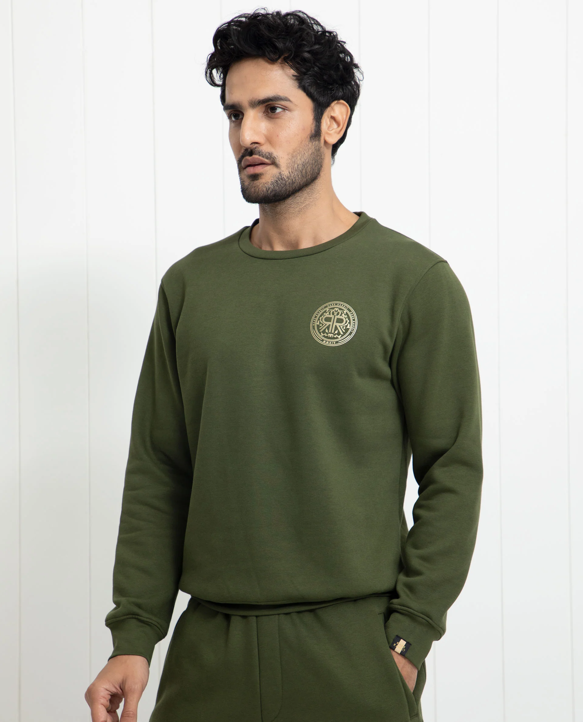 Rare Rabbit Men's Pine Olive Cotton Graphic Print Regular Fit Full Sleeve Crew Neck Sweatshirt - Image 4