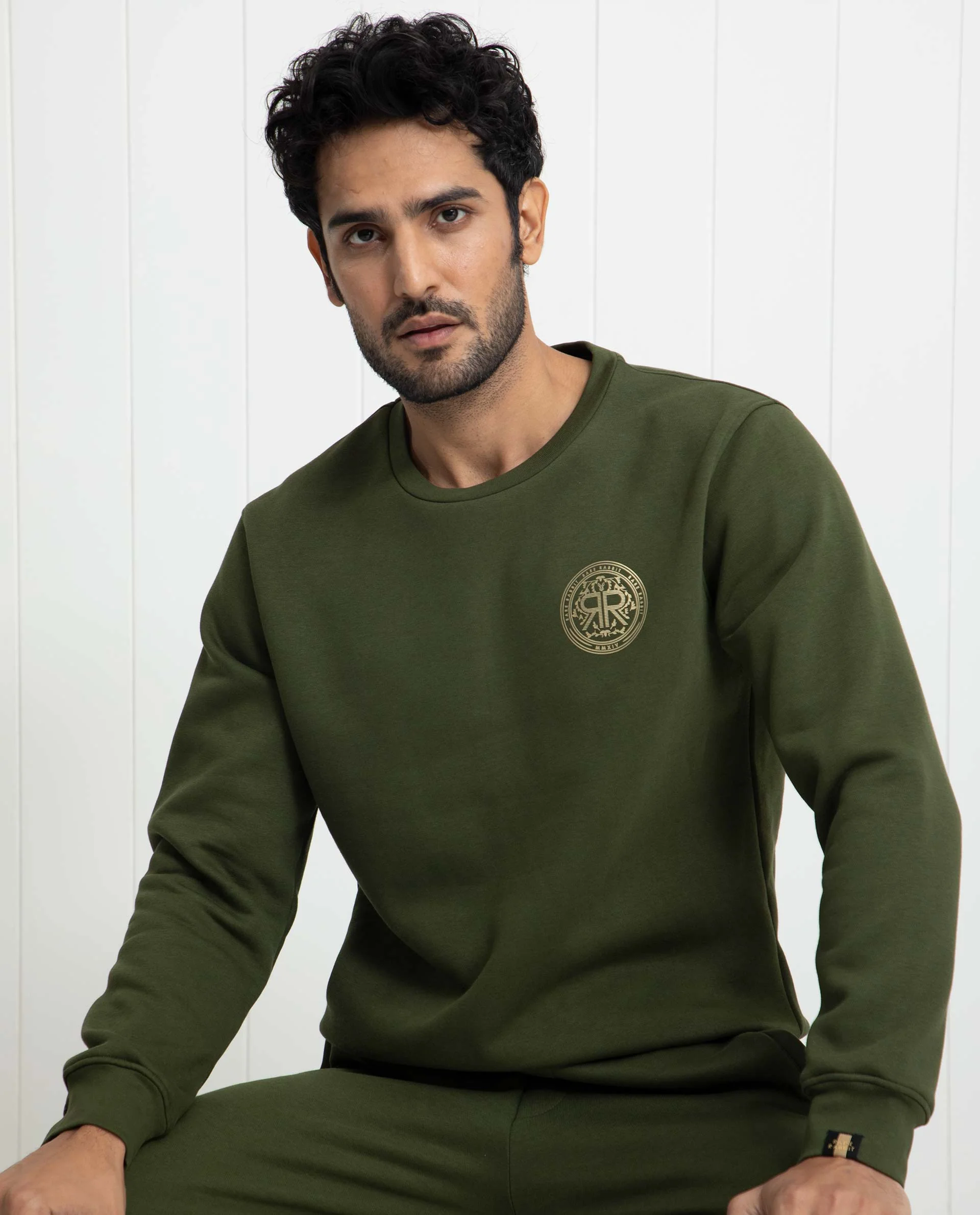 Rare Rabbit Men's Pine Olive Cotton Graphic Print Regular Fit Full Sleeve Crew Neck Sweatshirt - Image 5
