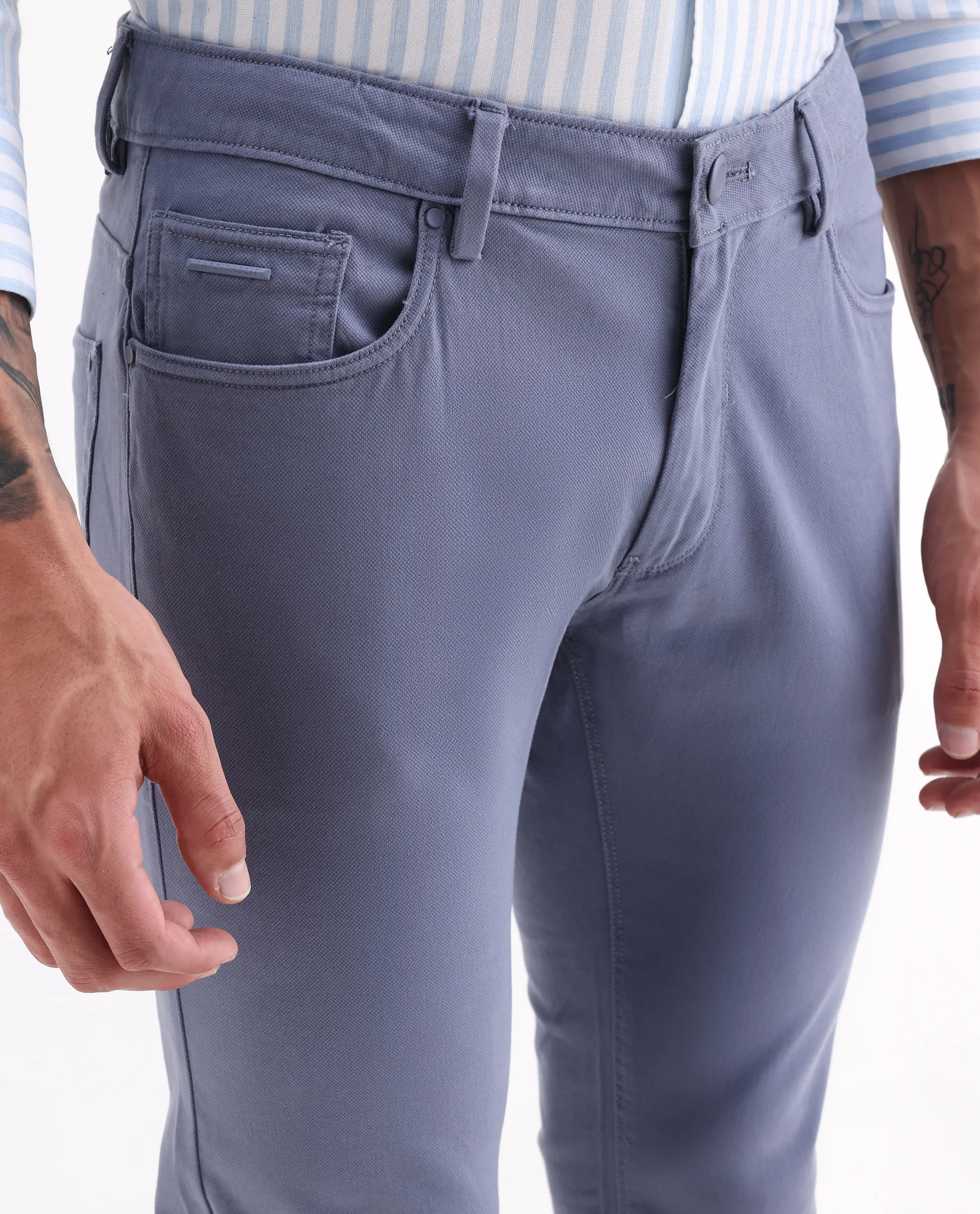 Rare Rabbit Men's Poke-2 Dusky Blue Cotton Plain Regular Fit Trouser - Image 3