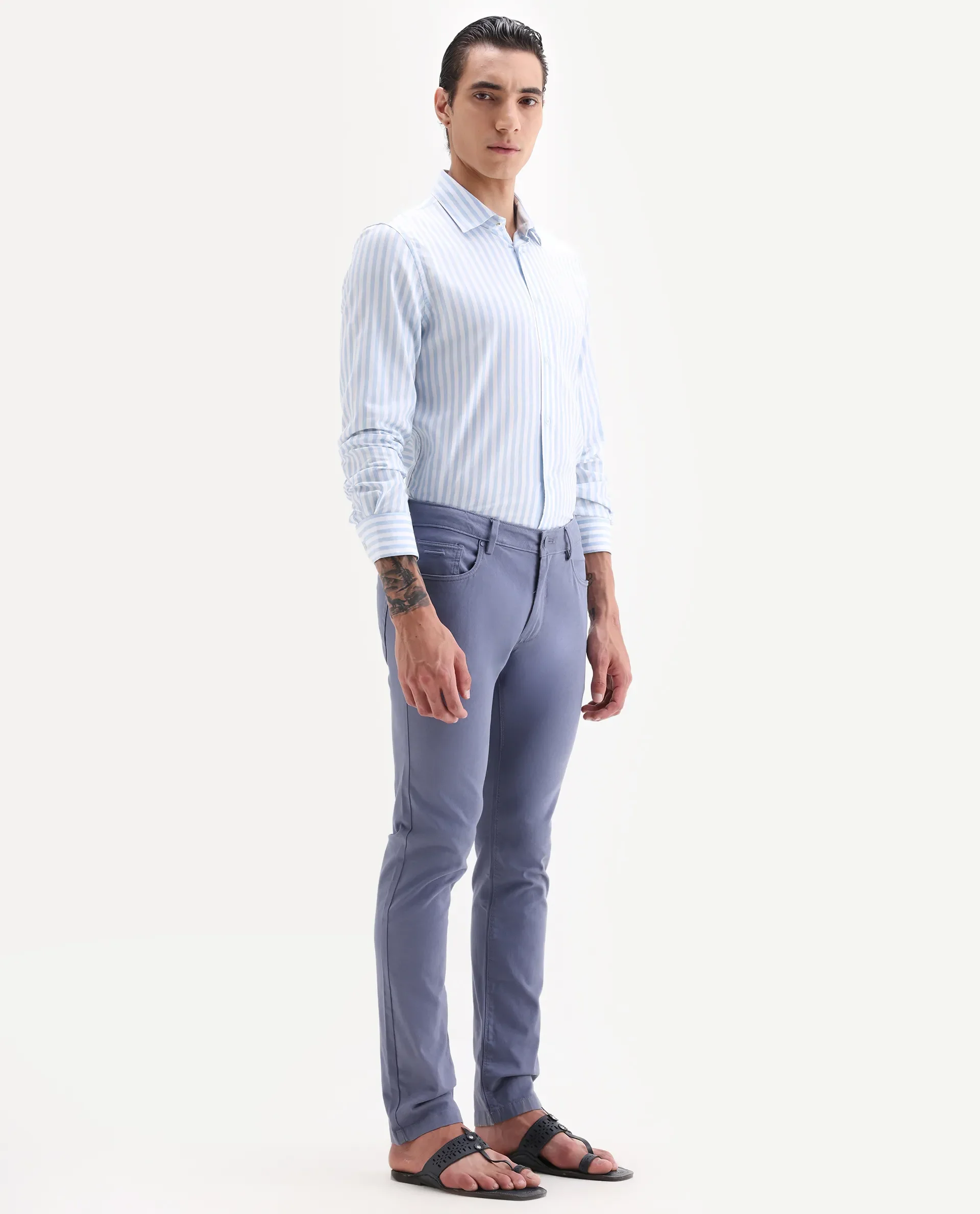 Rare Rabbit Men's Poke-2 Dusky Blue Cotton Plain Regular Fit Trouser - Image 5