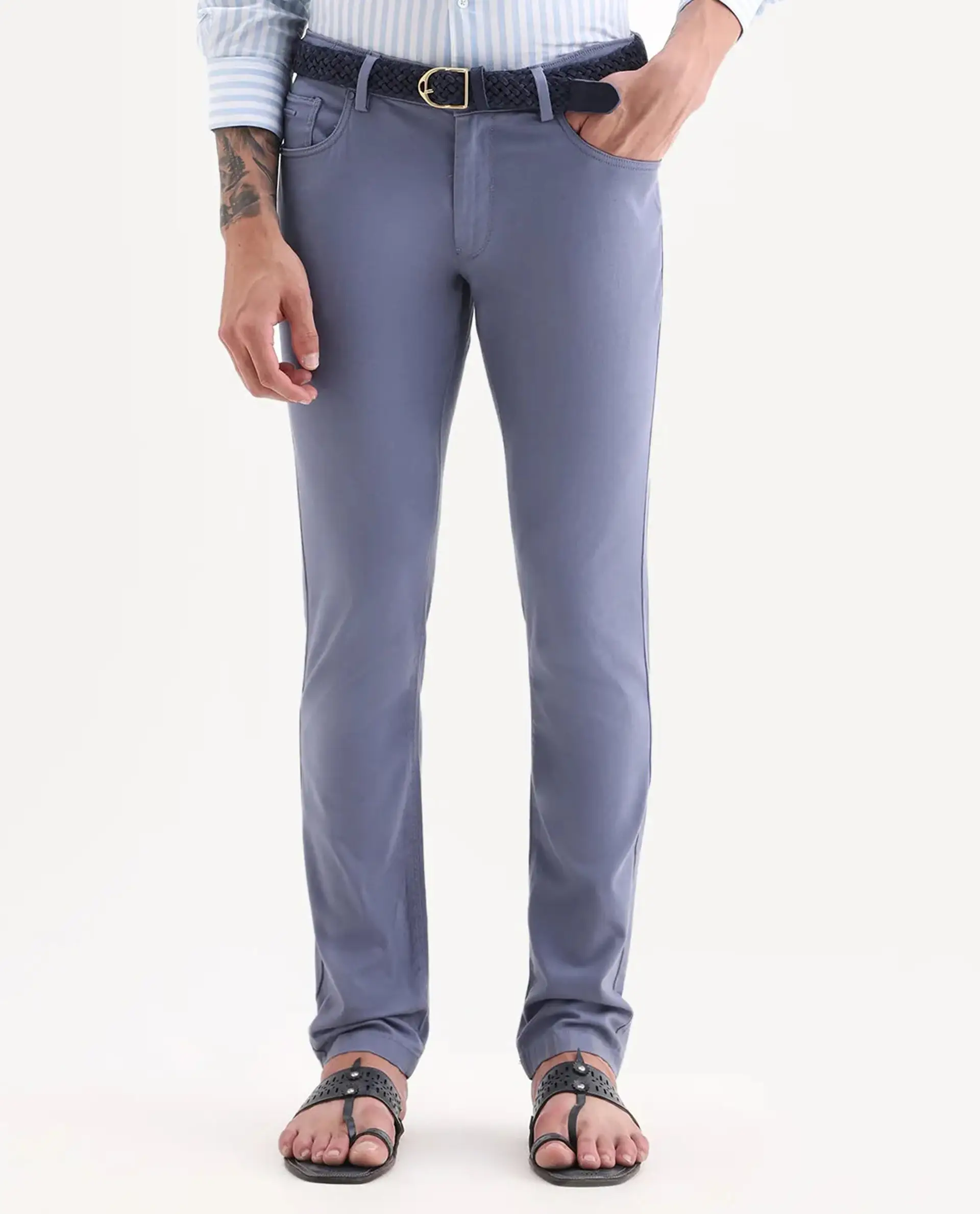 Rare Rabbit Men's Poke-2 Dusky Blue Cotton Plain Regular Fit Trouser - Image 9