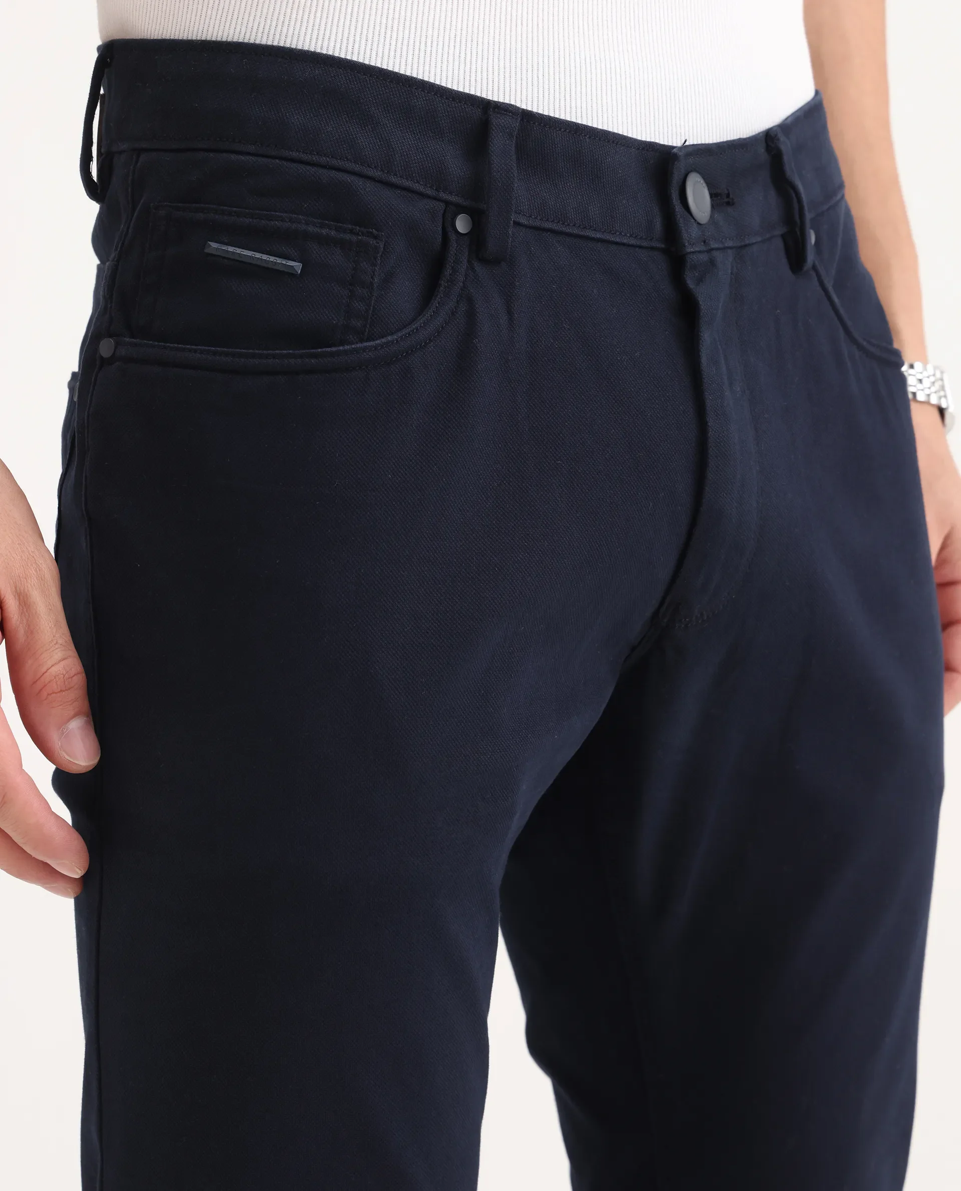 Rare Rabbit Men's Poke-2 Navy Cotton Plain Regular Fit Trouser - Image 3