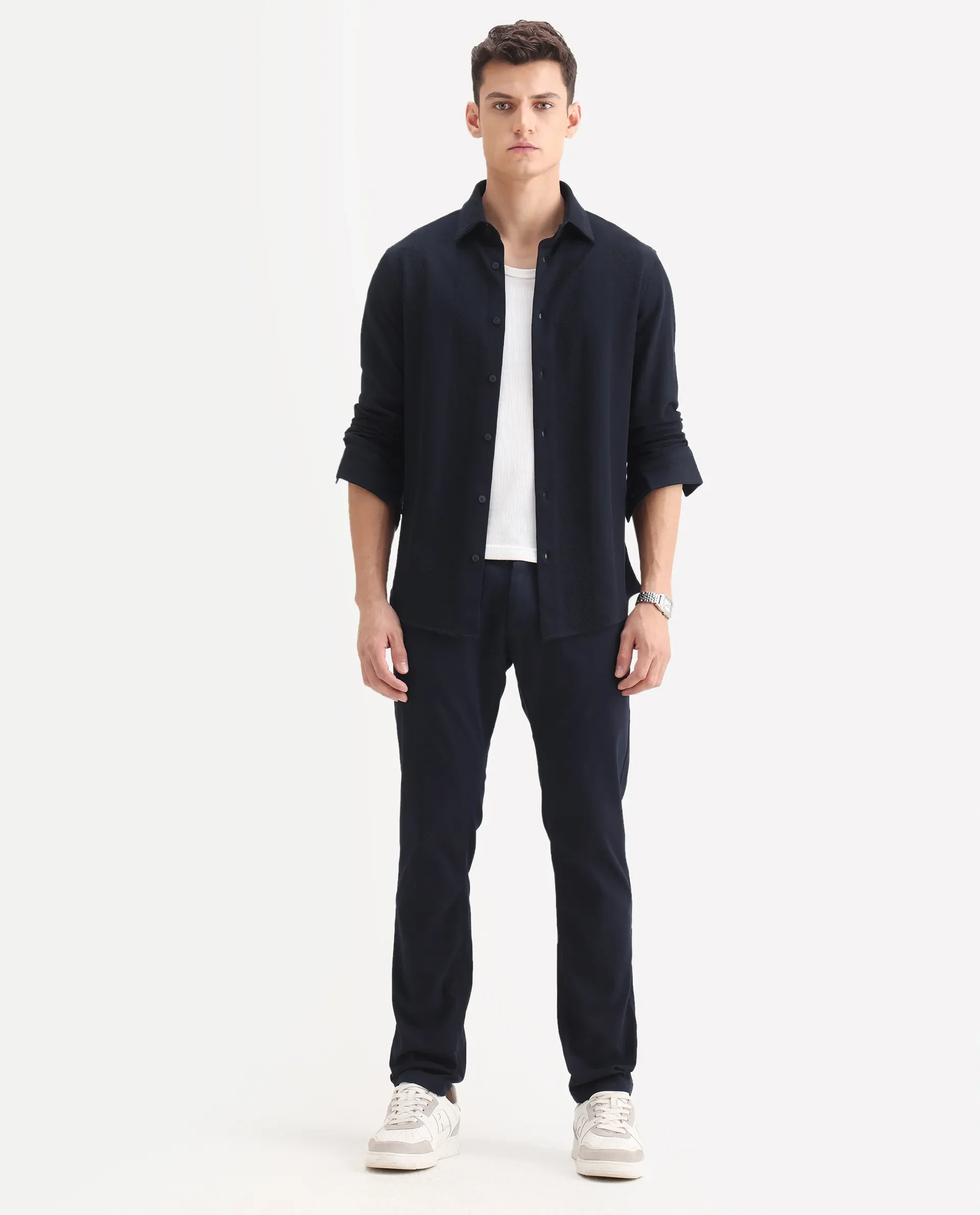 Rare Rabbit Men's Poke-2 Navy Cotton Plain Regular Fit Trouser - Image 4