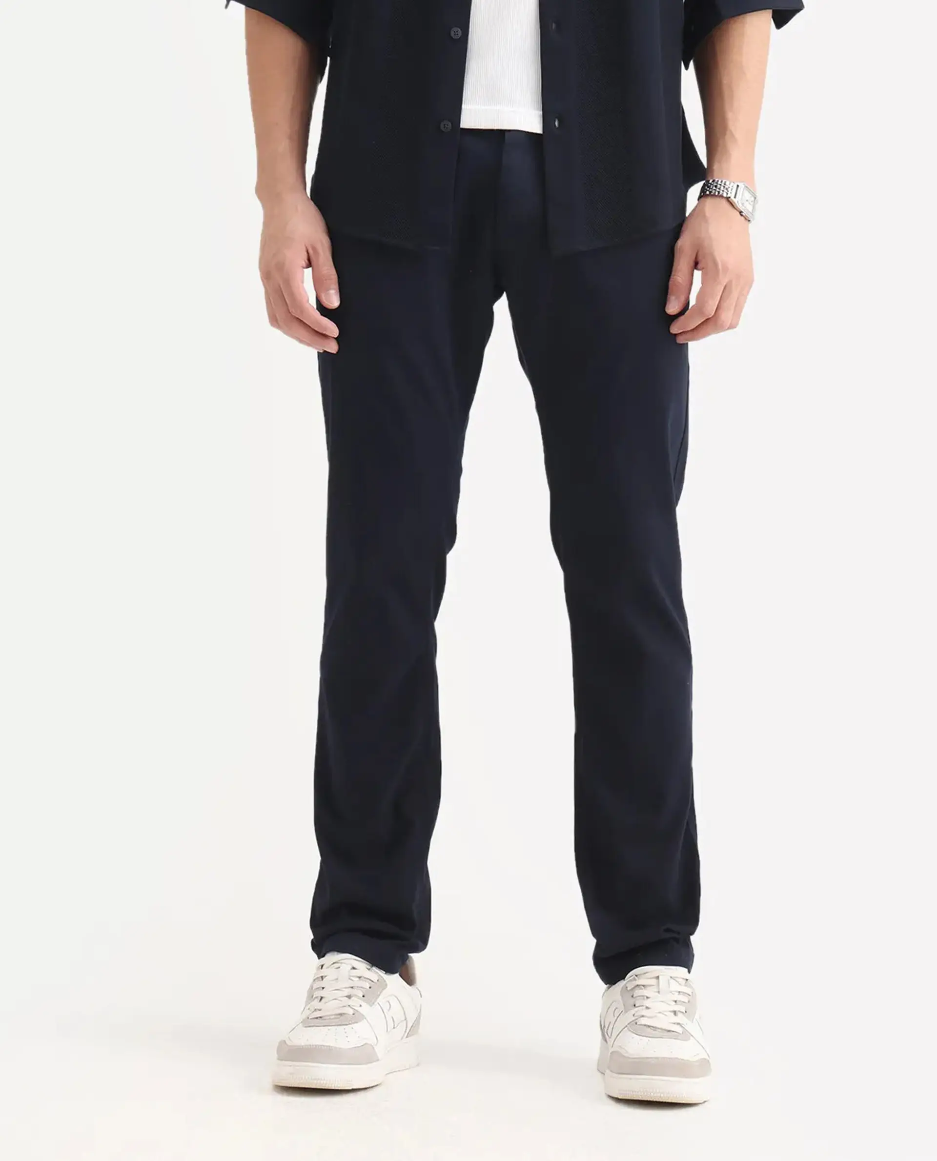 Rare Rabbit Men's Poke-2 Navy Cotton Plain Regular Fit Trouser - Image 9