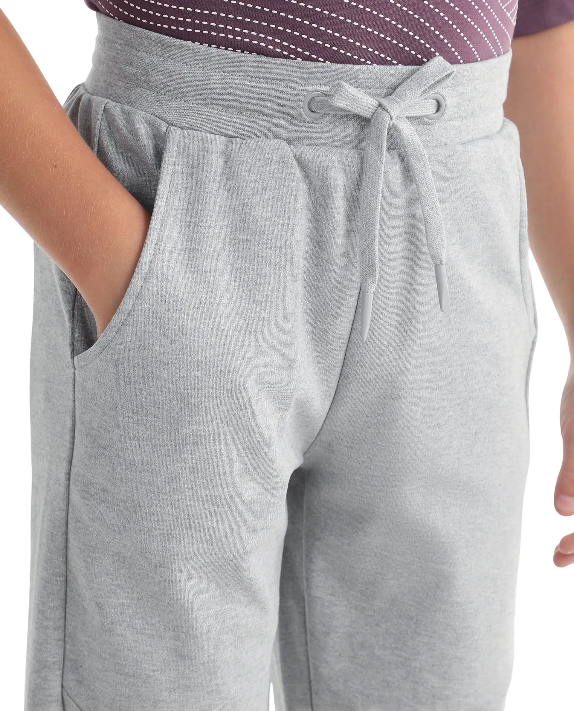 Rare Ones Kids Gwen Melange Grey Cotton Blend Fabric Drawstring Closure Cut & Sew Jogger Fit Track Pant - Image 4