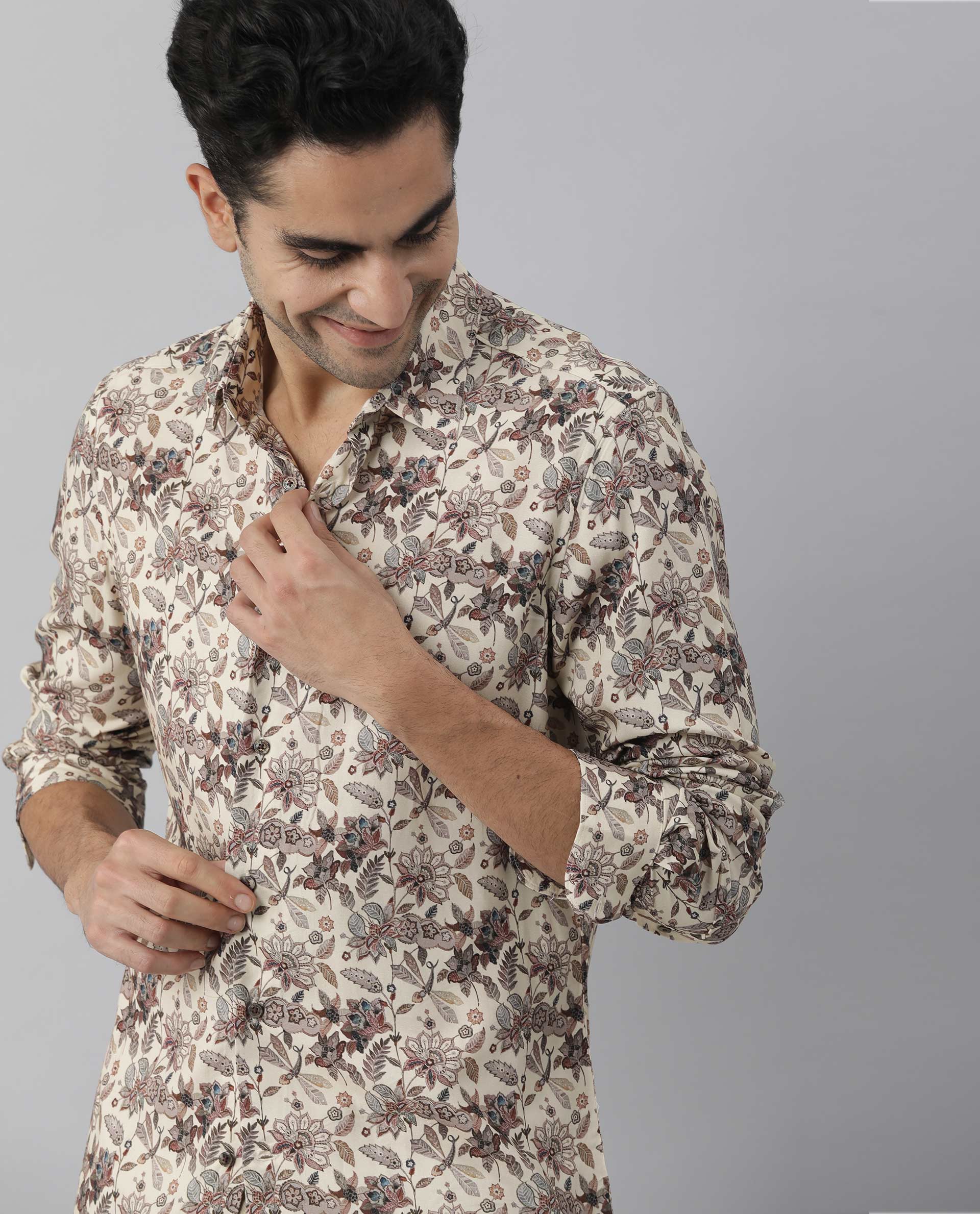 Rare Rabbit Men's Ravell Beige Viscose Floral Print Regular Fit Full Sleeve Collared Shirt - Image 5