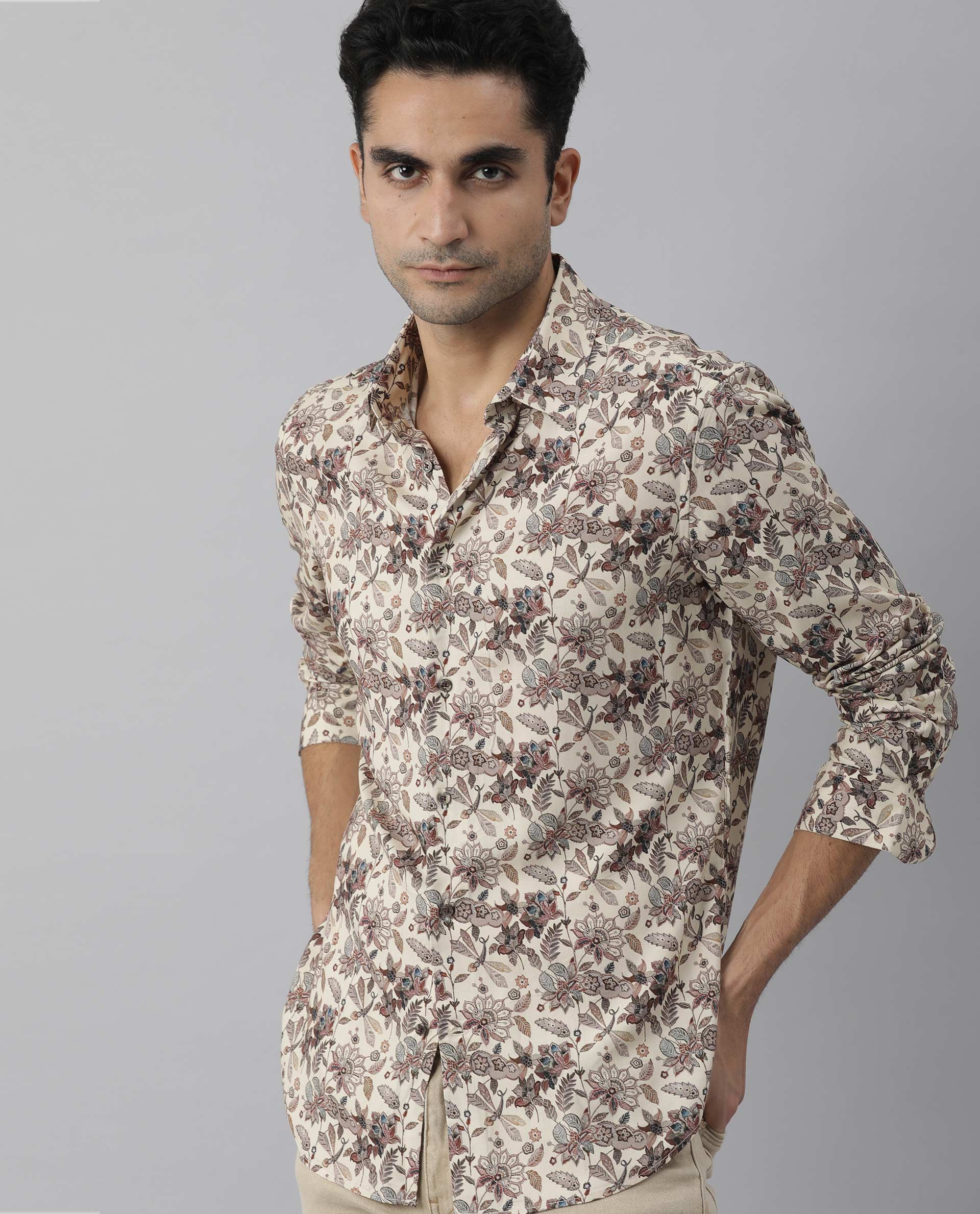 Rare Rabbit Men's Ravell Beige Viscose Floral Print Regular Fit Full Sleeve Collared Shirt - Image 6
