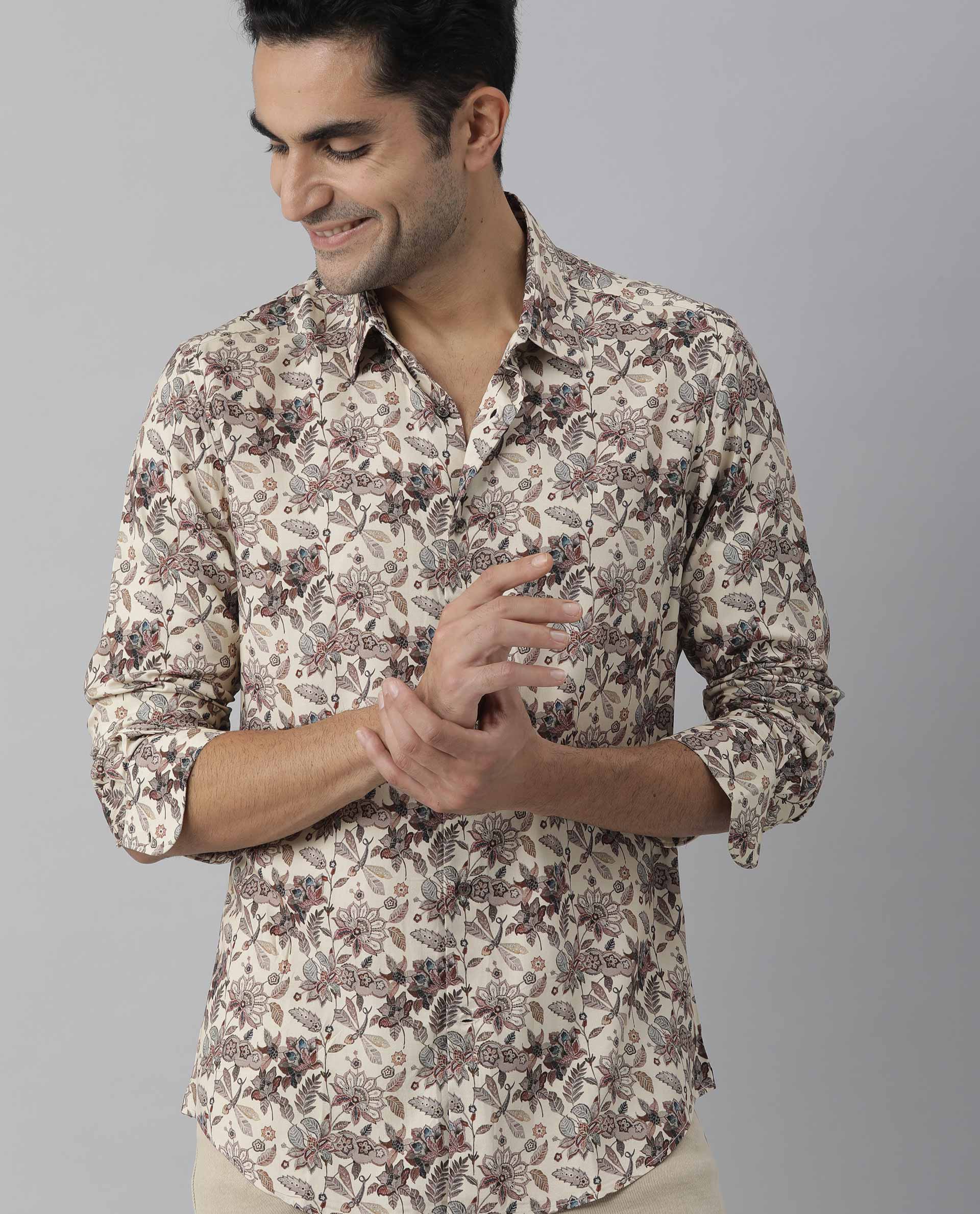 Rare Rabbit Men's Ravell Beige Viscose Floral Print Regular Fit Full Sleeve Collared Shirt - Image 7