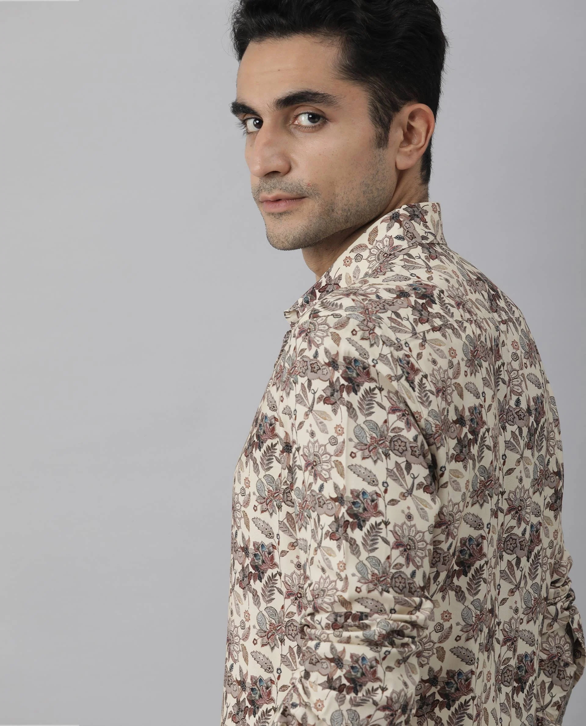 Rare Rabbit Men's Ravell Beige Viscose Floral Print Regular Fit Full Sleeve Collared Shirt - Image 8
