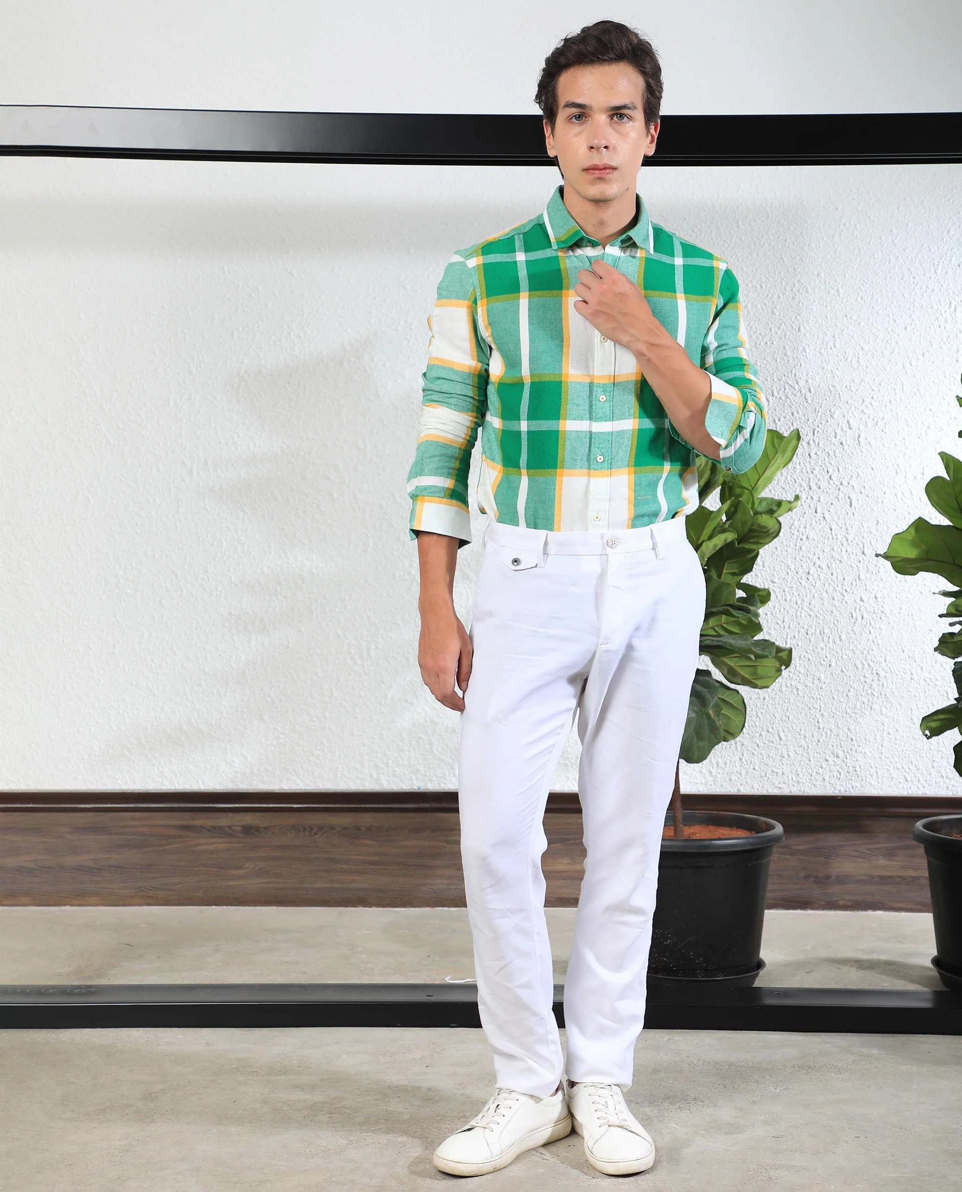 Rare Rabbit Men's Rayo Green Cotton Checked Print Regular Fit Full Sleeve Collared Shirt - Image 3